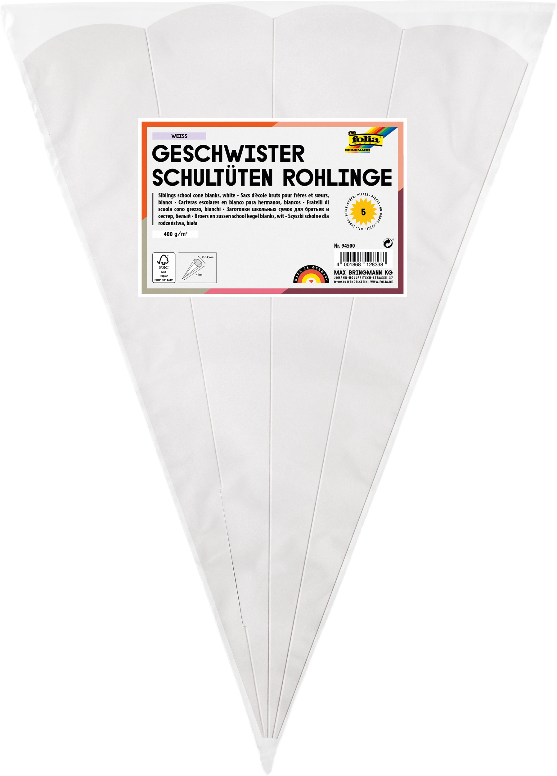 Geschwister Schultüten-Rohlinge, Weiß, 400 g/m², 41 cm, Ø 14,5 cm, 5 Stück