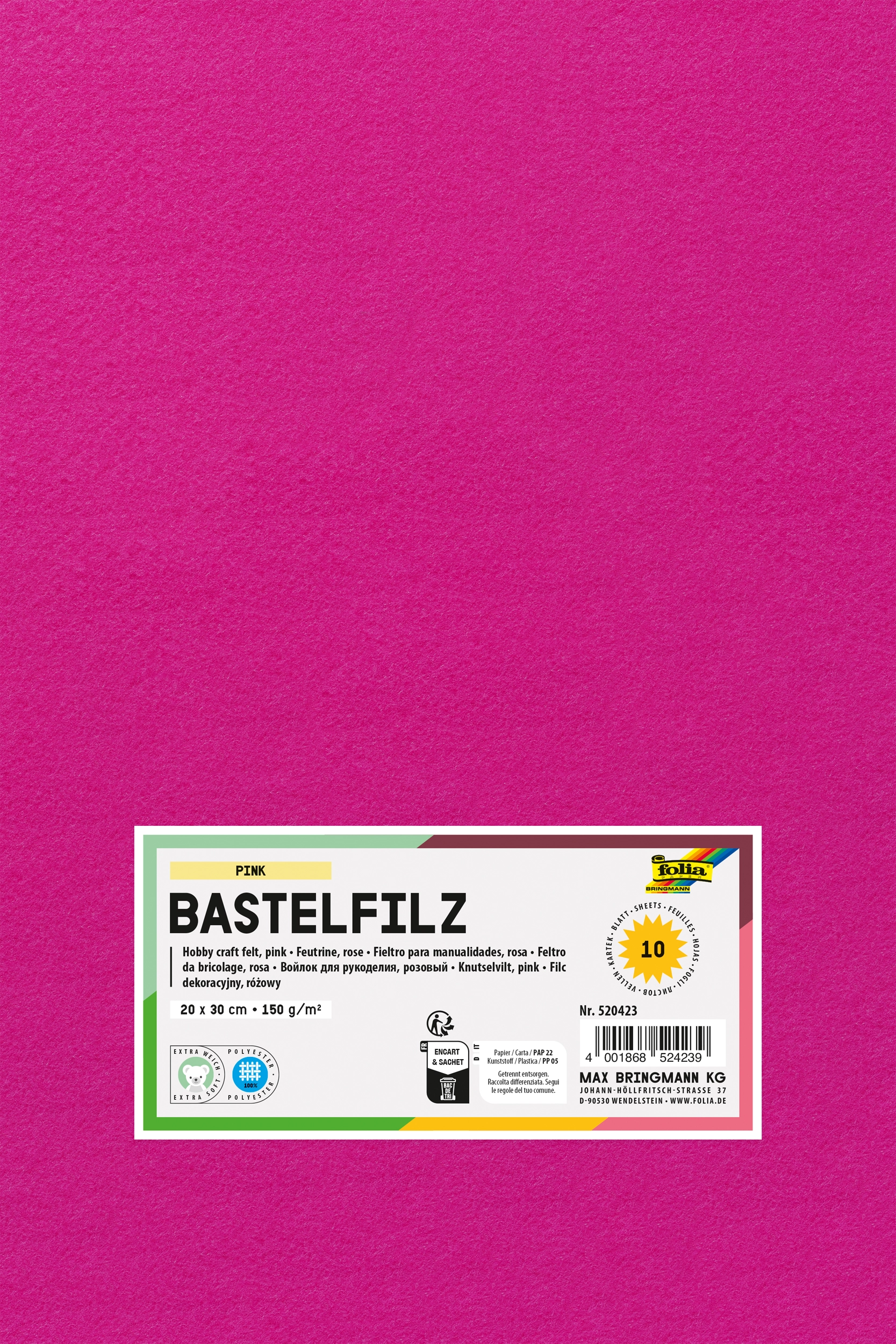 Bastelfilz, Pink, 20 x 30 cm, 150 g/m², 10 Blatt