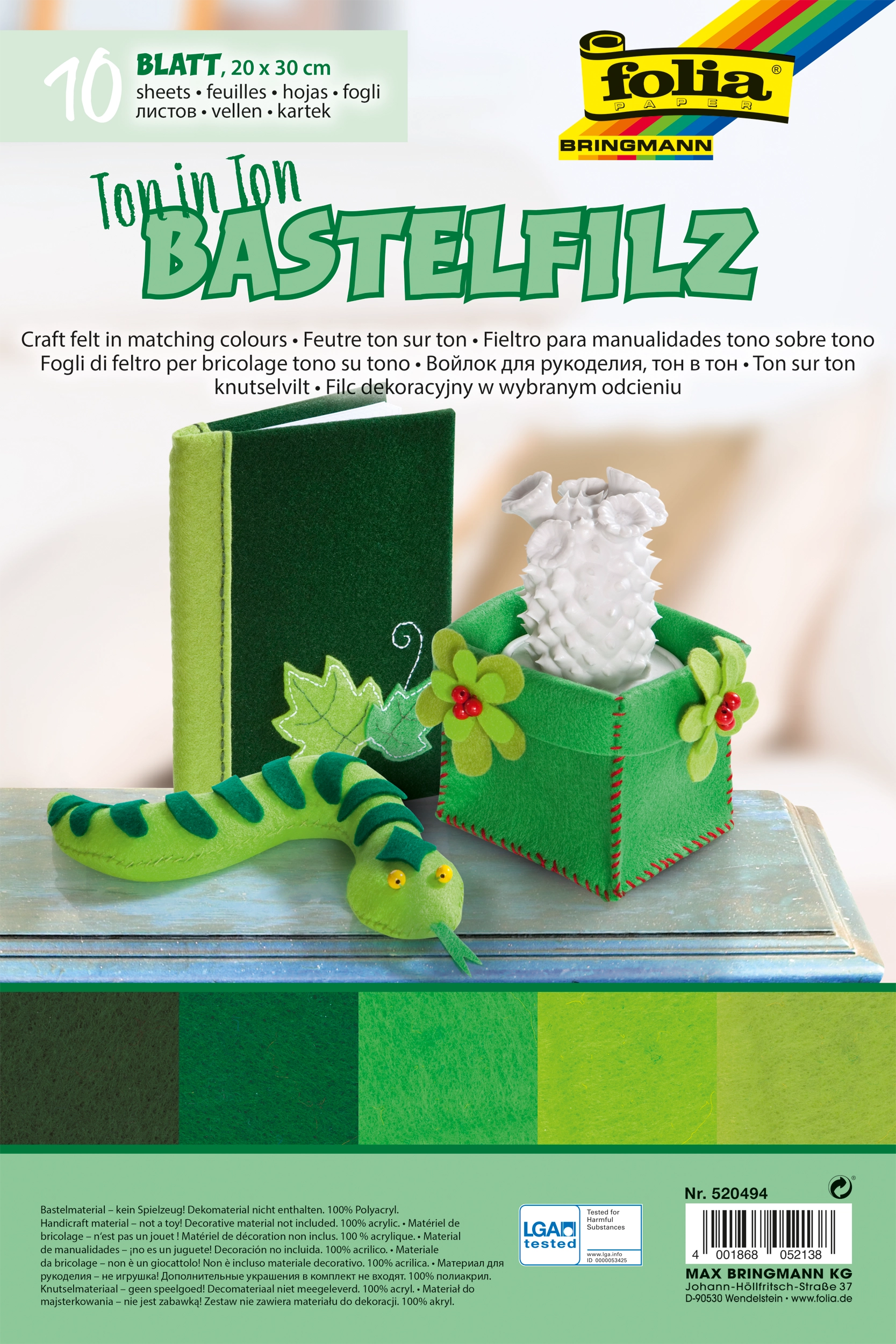 Bastelfilz, Ton in Ton, Grün, 20 x 30 cm, 150 g/m², 10 Blatt