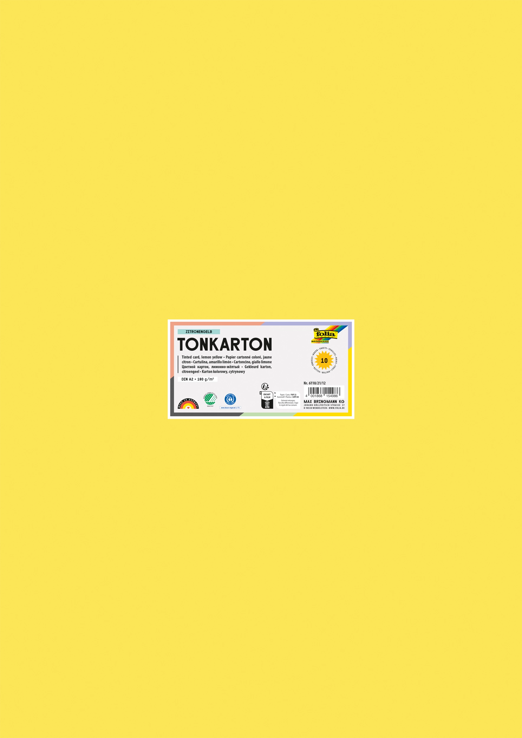Tinted Card, Lemon Yellow, DIN A2, 180 g/m², 10 sheets