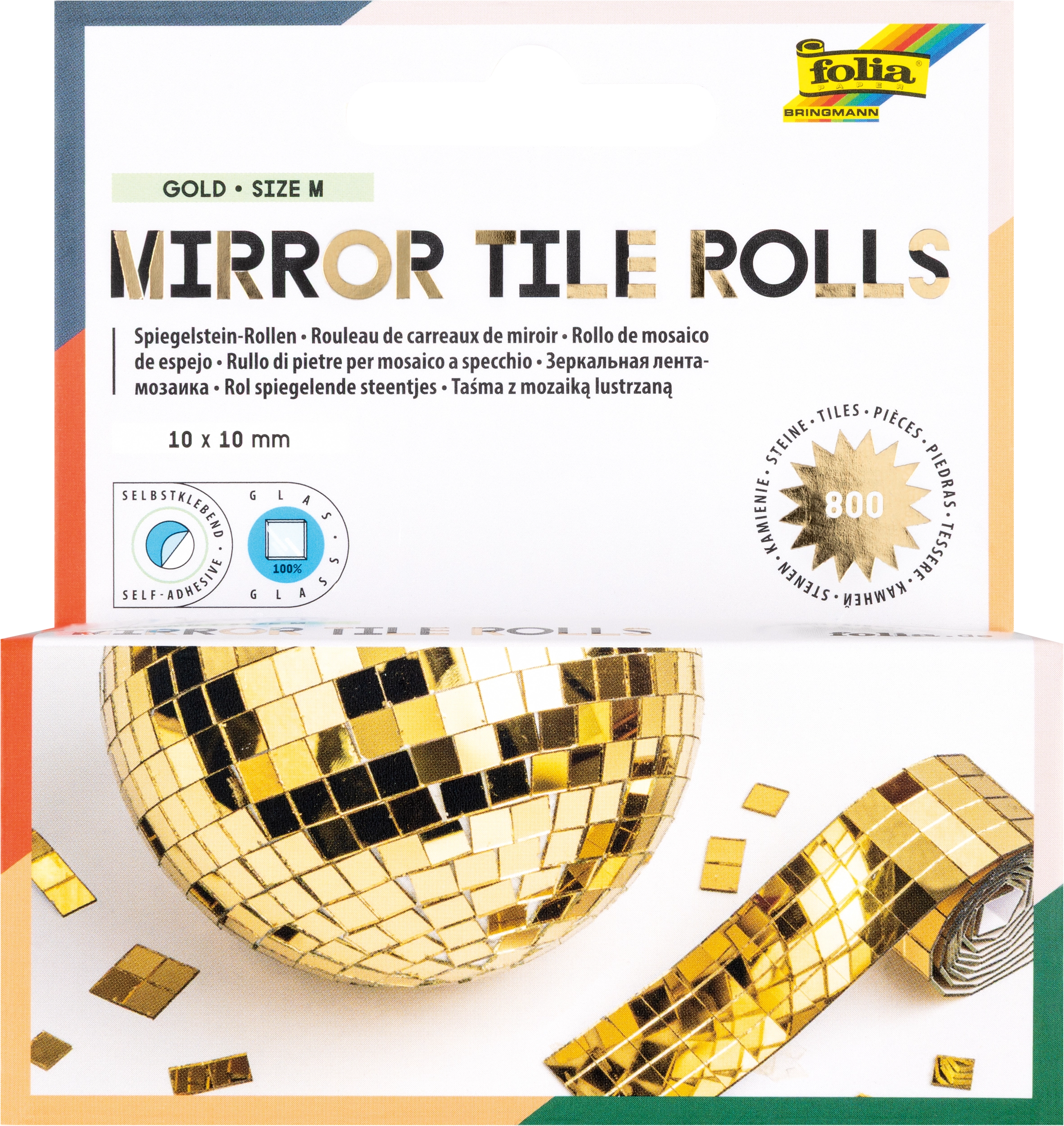 Mirror Tile Rolls, Gold, M, 10 x 10 mm, Selbstklebend