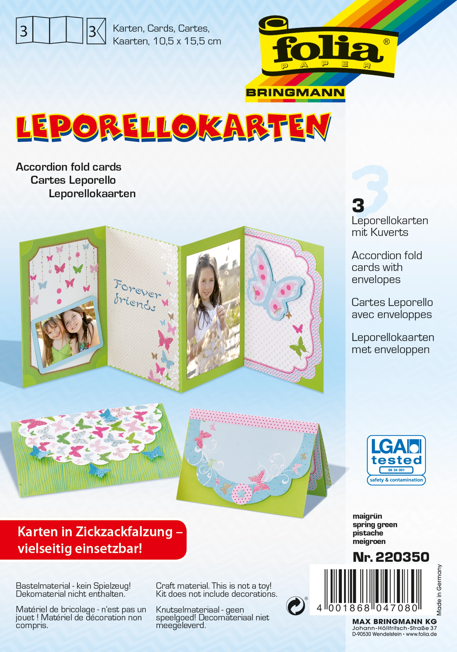 Accordion Fold Cards, Spring Green, 10,5 x 15,0 cm, 130 g/m², 300 g/m² , 3 pieces