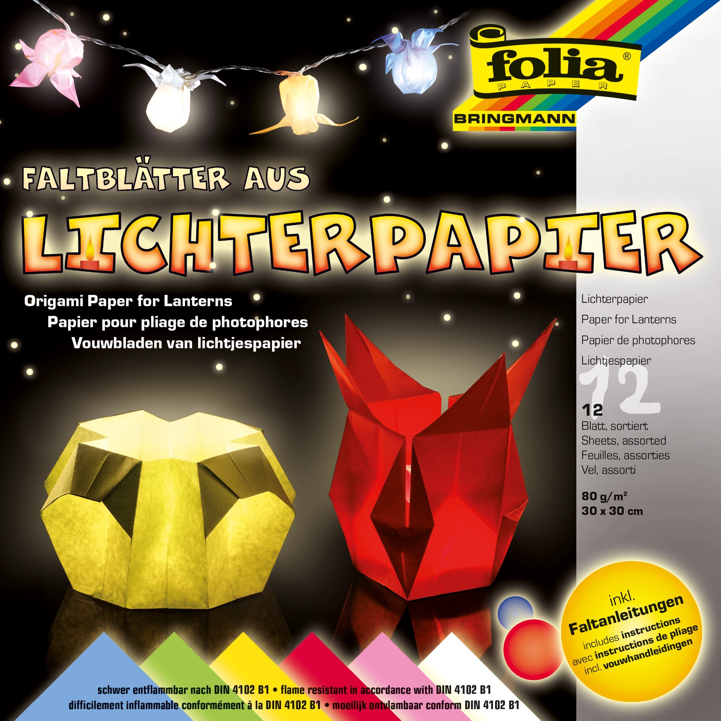 Origami Lichterpapier, Mix Bunt, 30 x 30 cm, 80 g/m², 12 Blatt