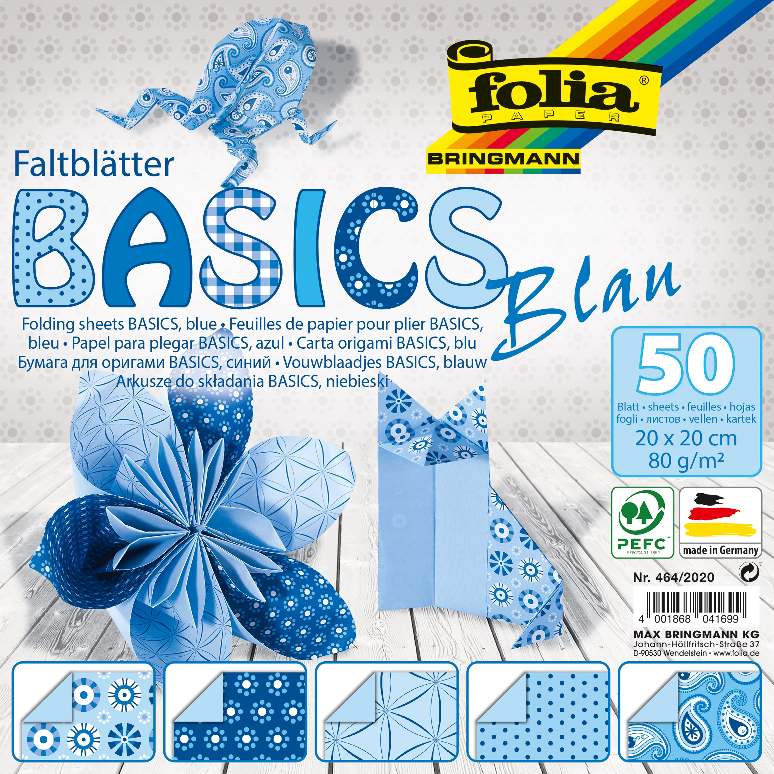 Origamipapier, Basics, Blau, 20 x 20 cm, 80 g/m², 50 Blatt