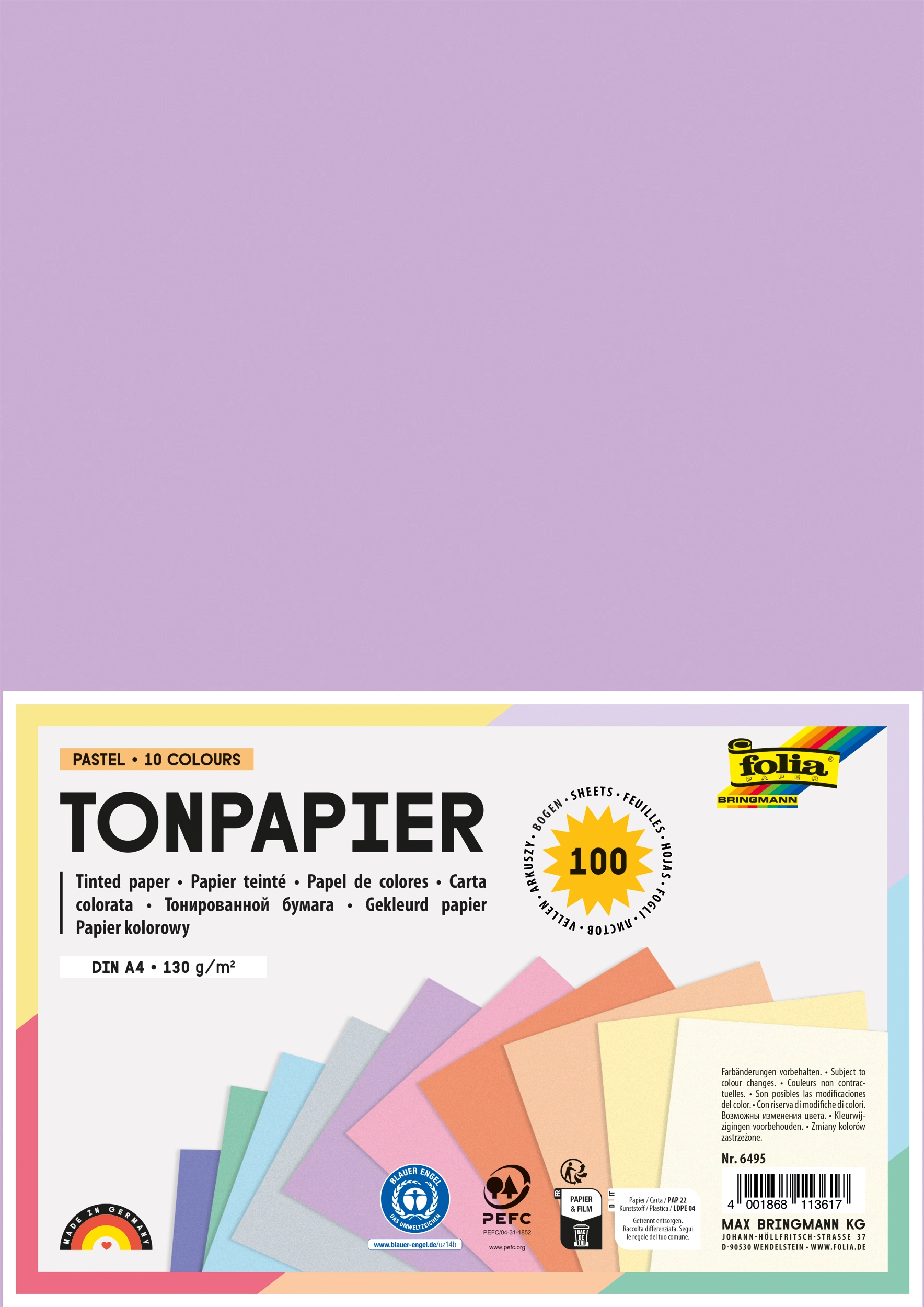 Tonpapier, Pastell, 10 Farben, DIN A4, 130 g/m², 100 Blatt