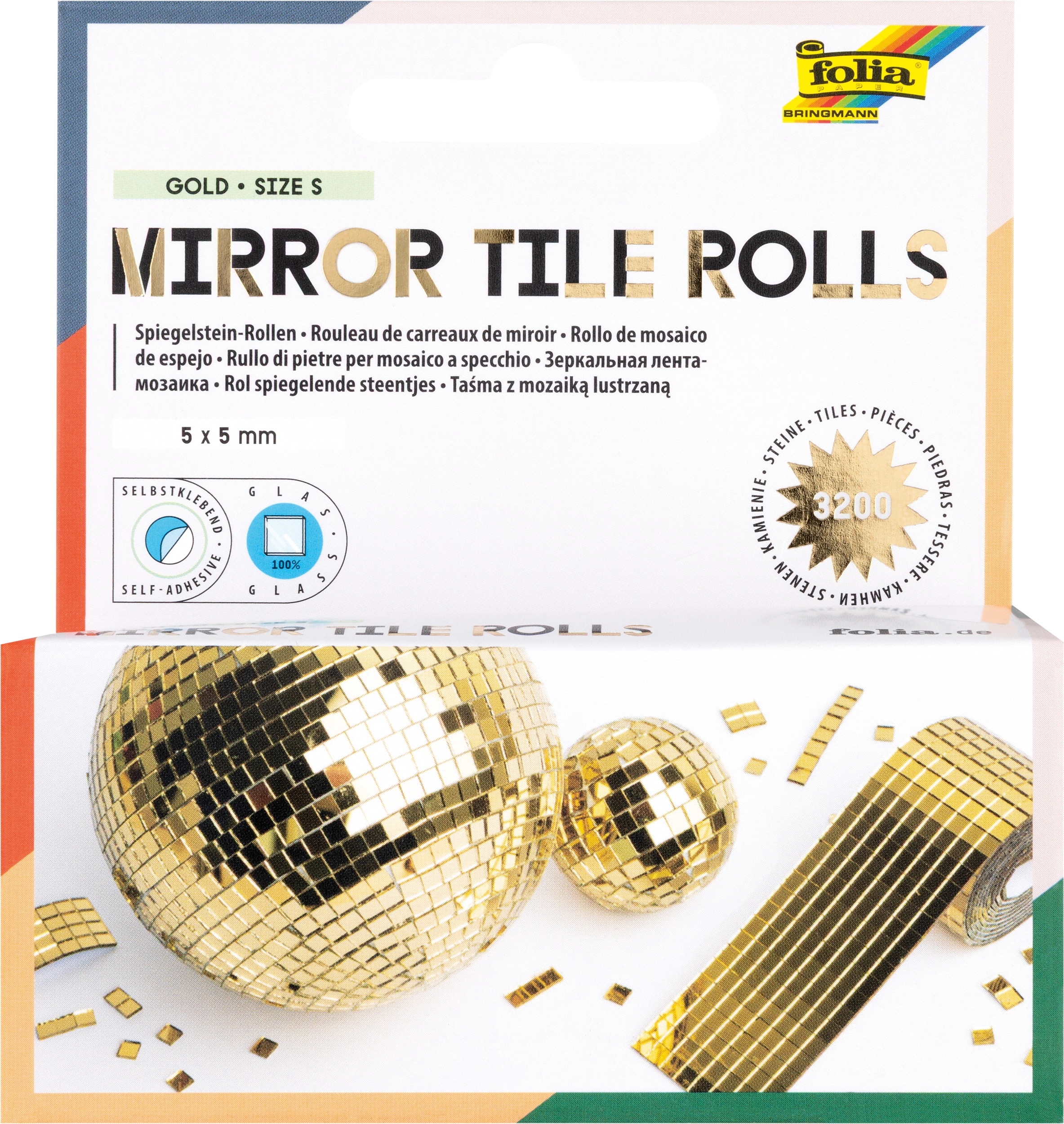 Mirror Tile Rolls, Gold, S, 5 x 5 mm, self-adhesive