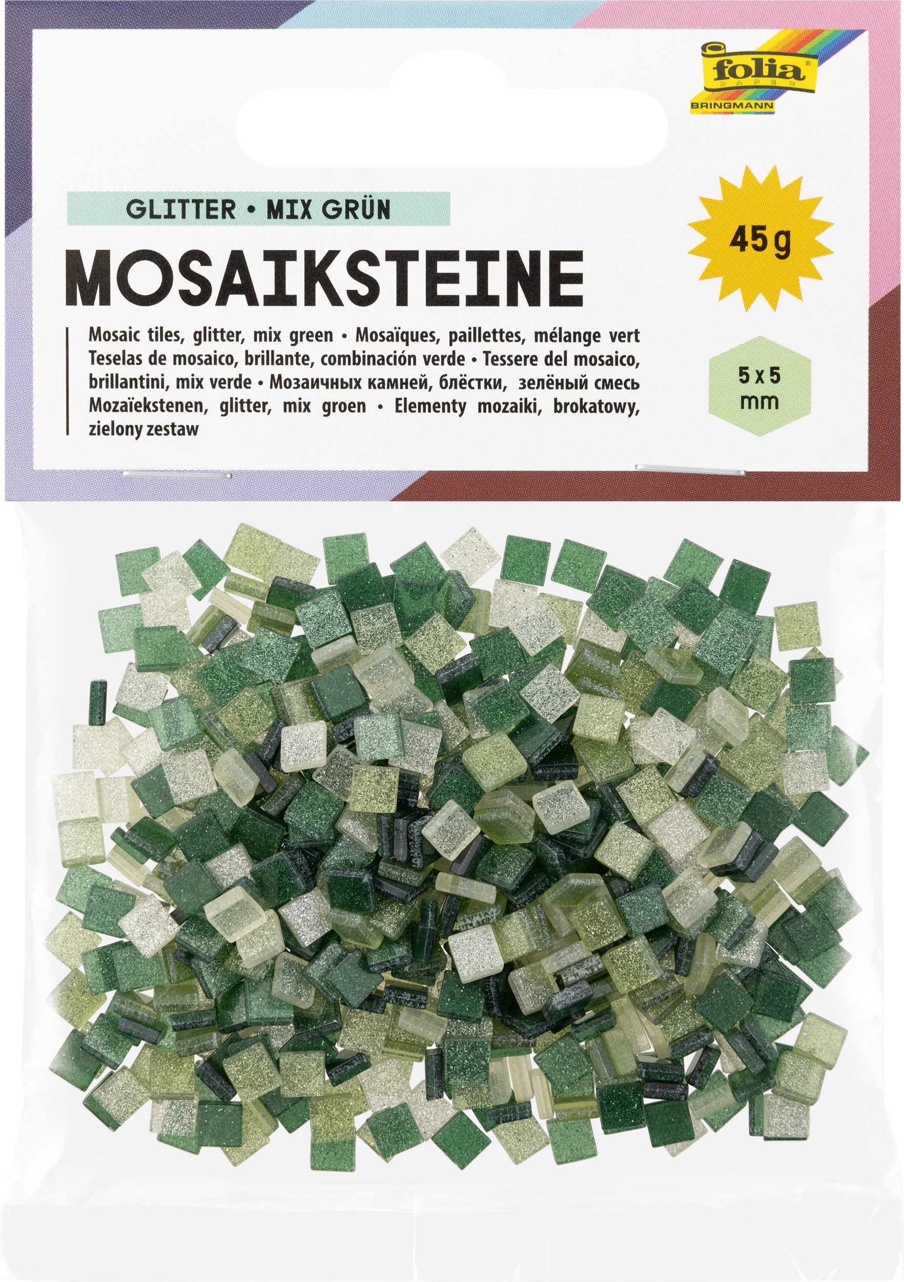 Resin-Mosaiksteine, Glitter, Mix Grün, 5 x 5 mm, 700 Stück