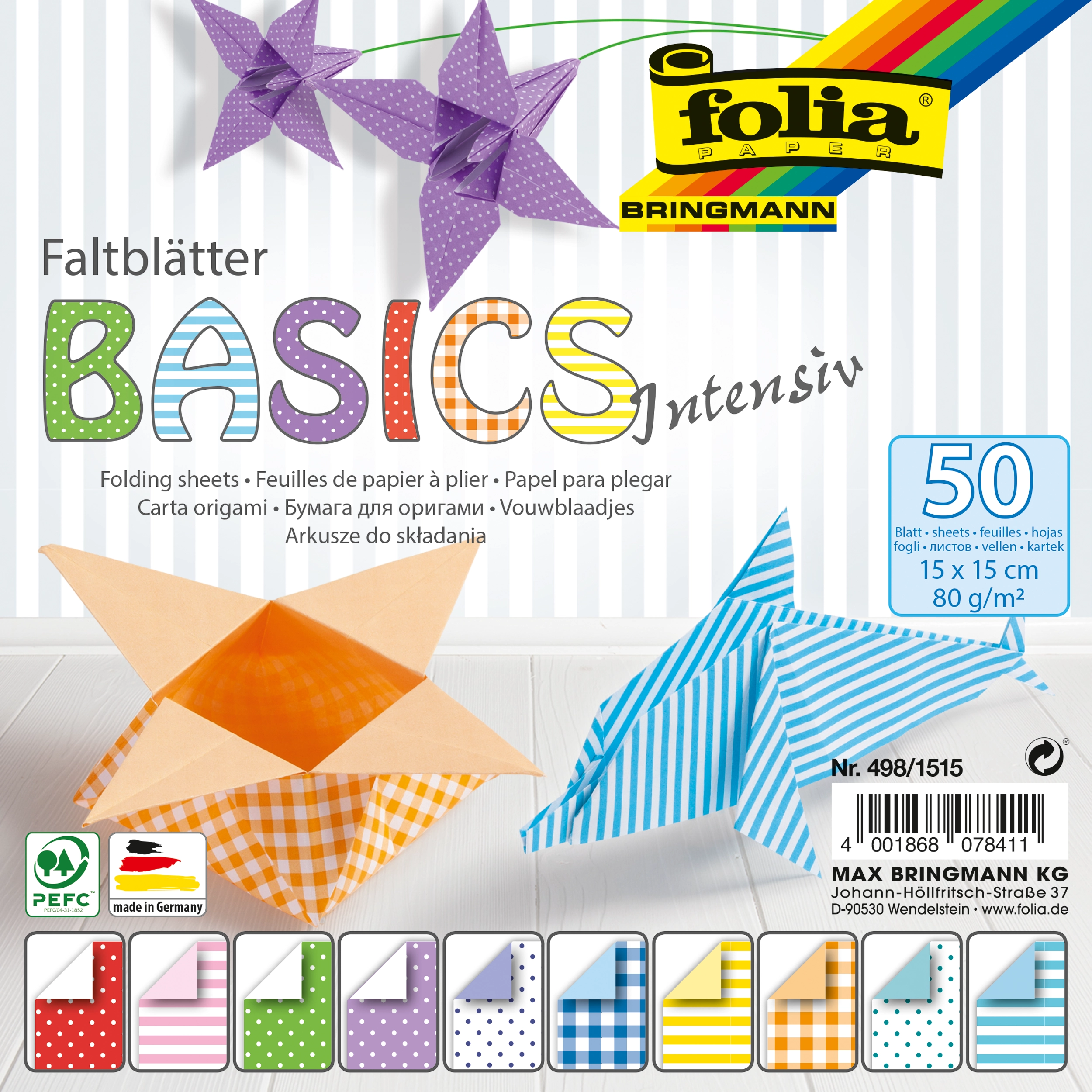 Origamipapier, Basics, Intensiv Mix, 15 x 15 cm, 80 g/m², 50 Blatt