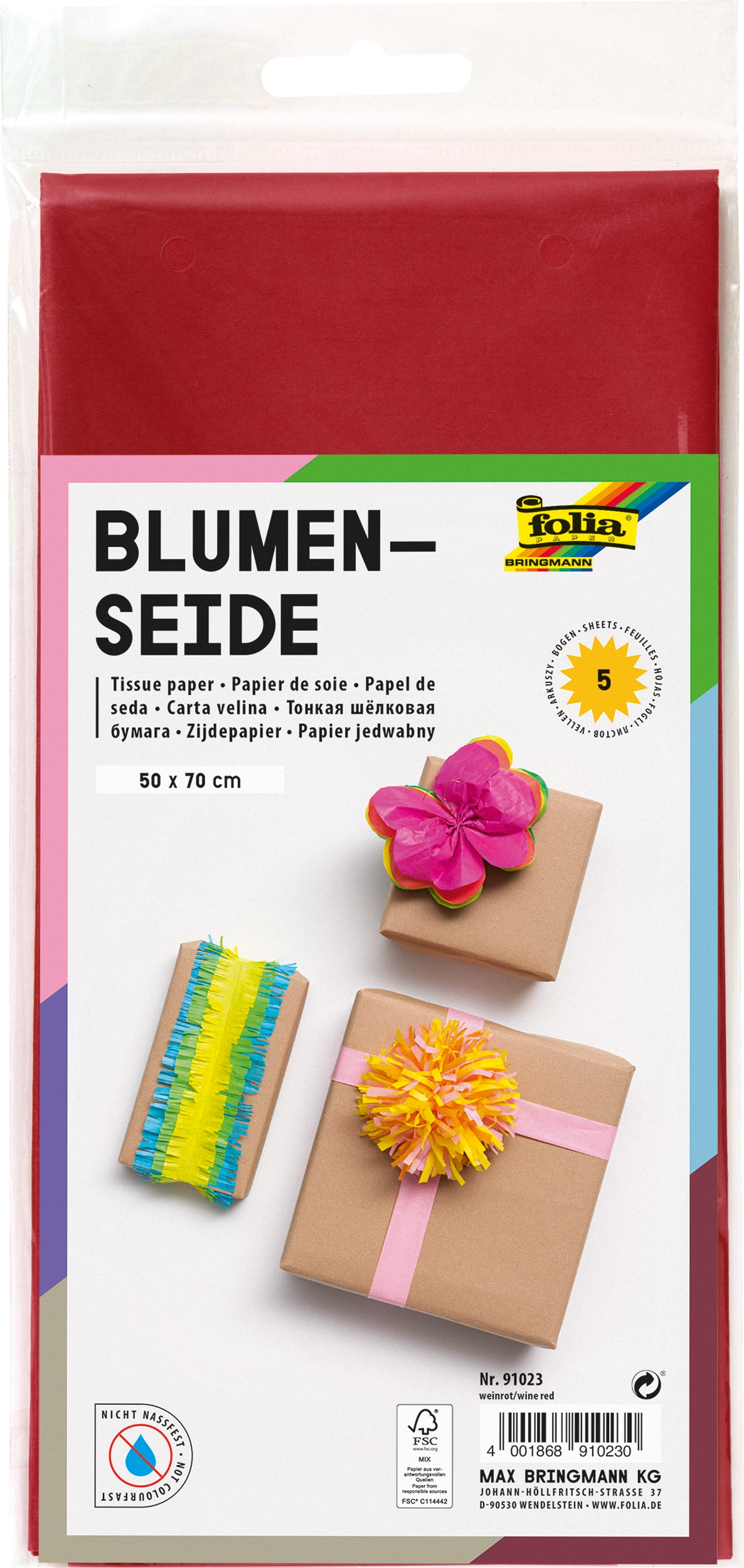 Blumenseide, Weinrot, 50 x 70 cm, 20 g/m², 5 Blatt