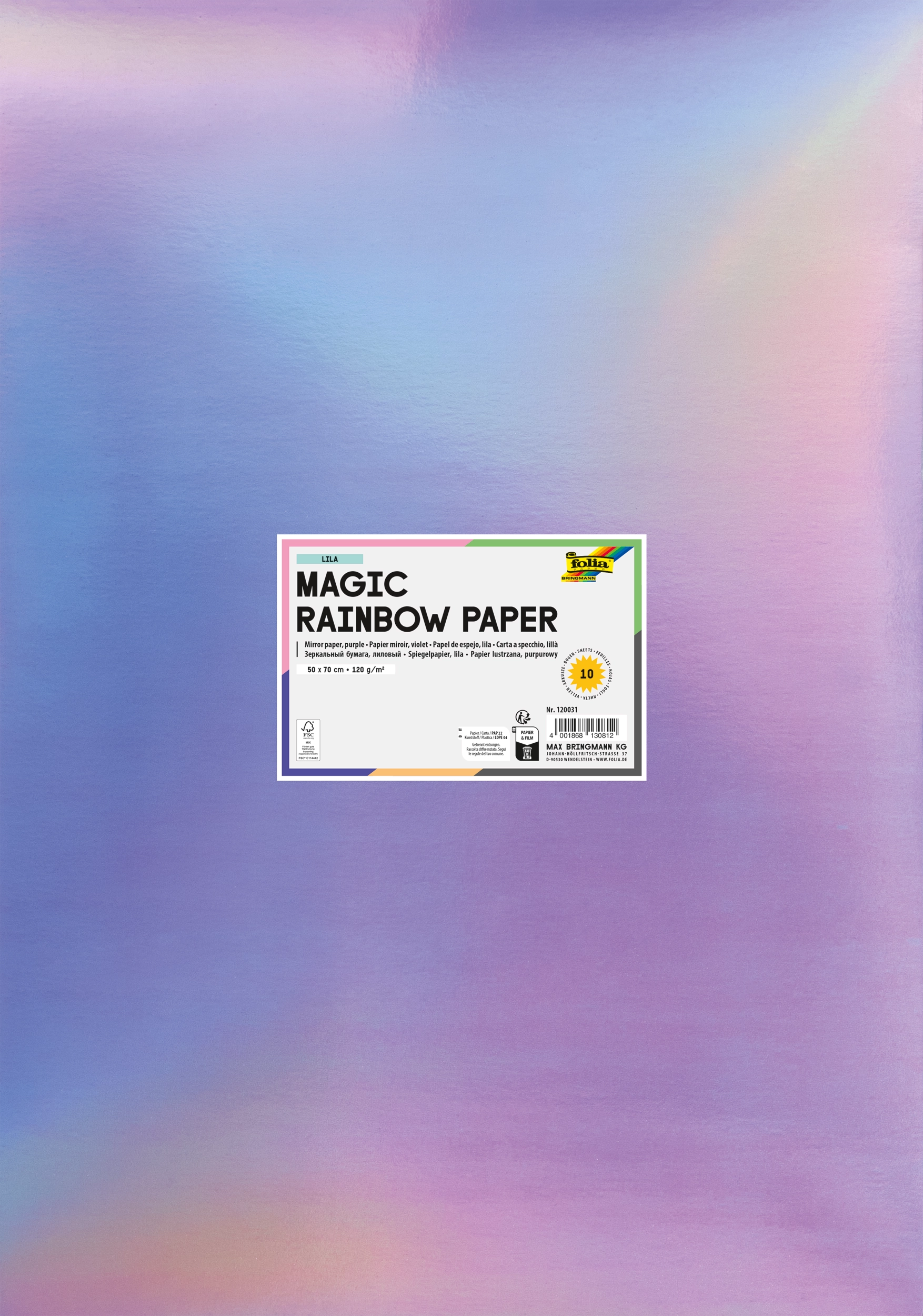Magic Rainbow Paper, Lilac, Iridescent, 50 x 70 cm, 120 g/m², 10 sheets