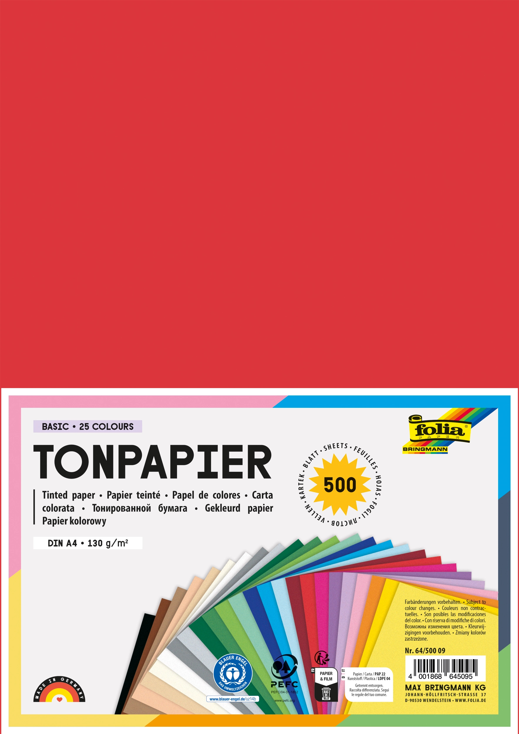 Tonpapier, Basic, 25 Farben, DIN A4, 130 g/m², 500 Blatt