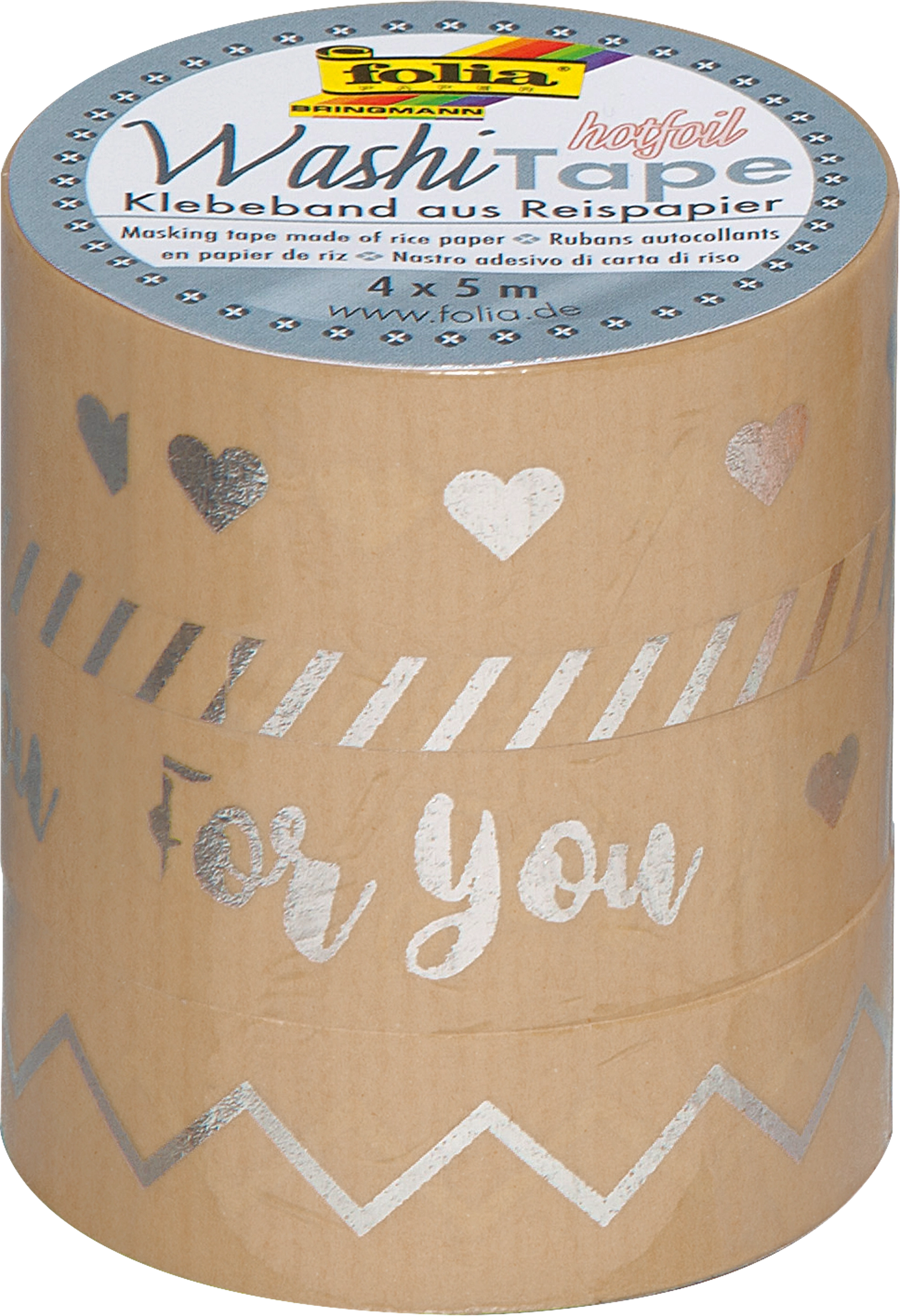 Washi Tape, Kraftpapier Hotfoil Silber, 4x 5 m, 4 Rollen