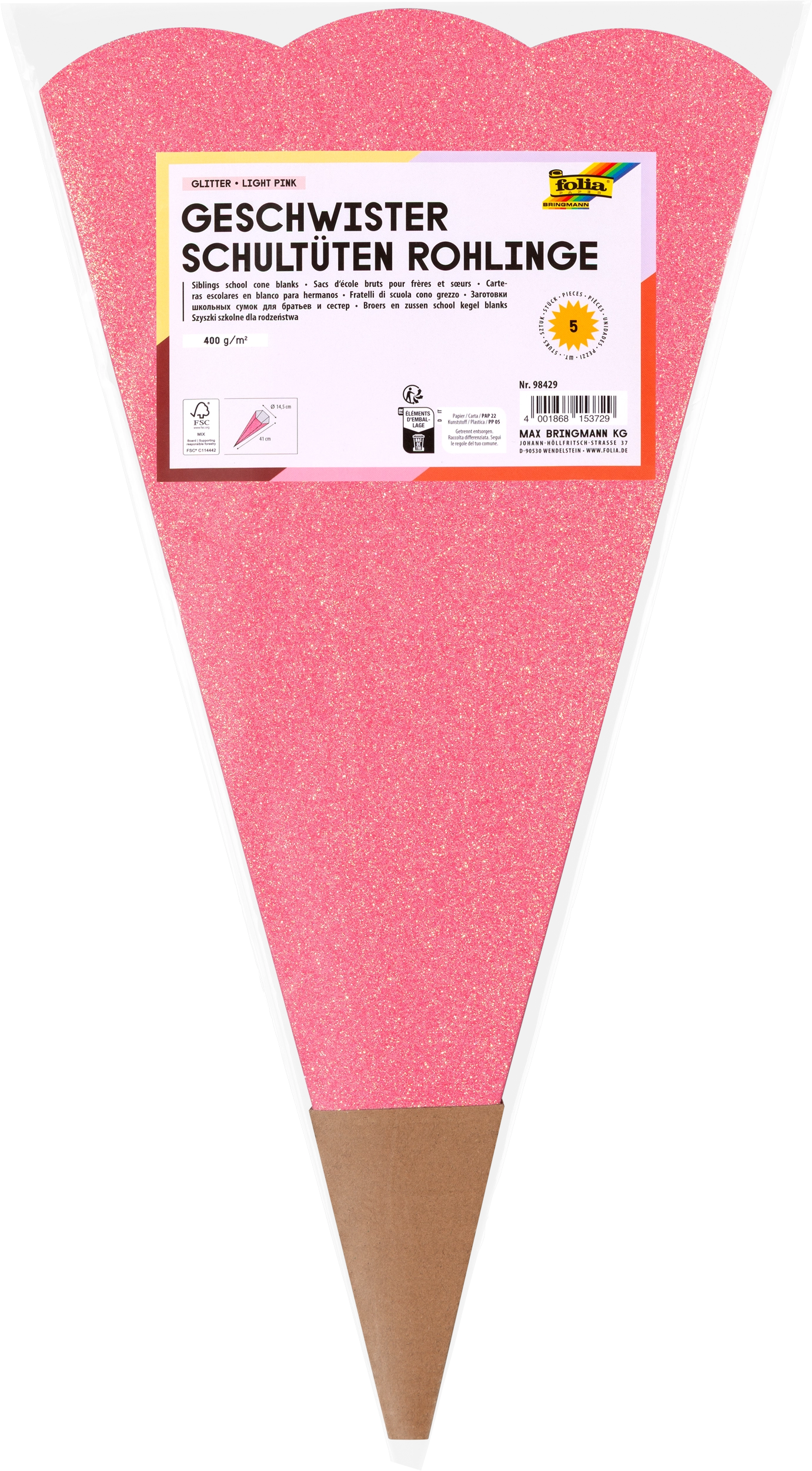 Geschwister Schultüten-Rohlinge, Glitter, Light Pink, 400 g/m², 1 Stück