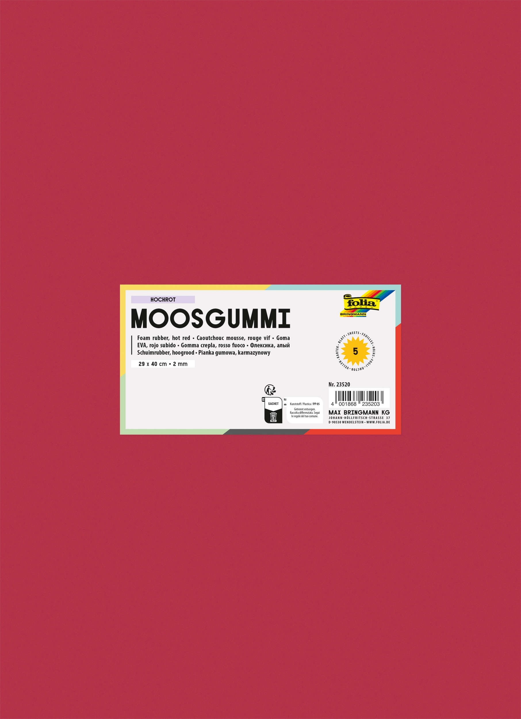 Moosgummi, Hochrot, 29 x 40 cm, 5 Blatt