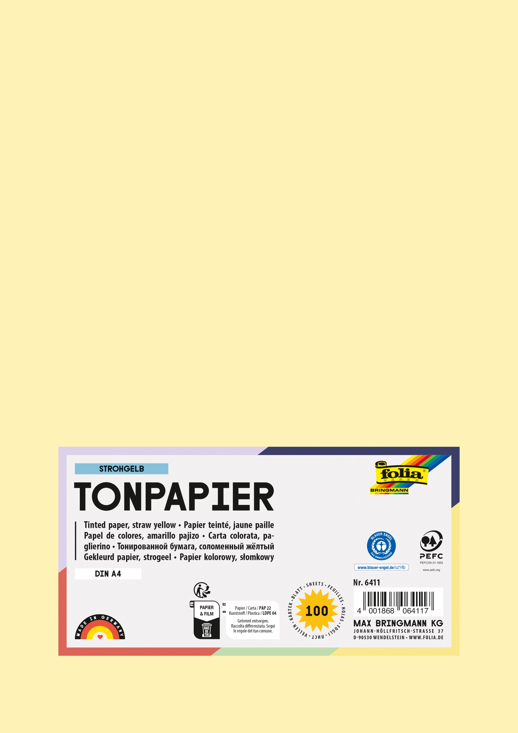 Tonpapier, Strohgelb, DIN A4, 130 g/m², 100 Blatt