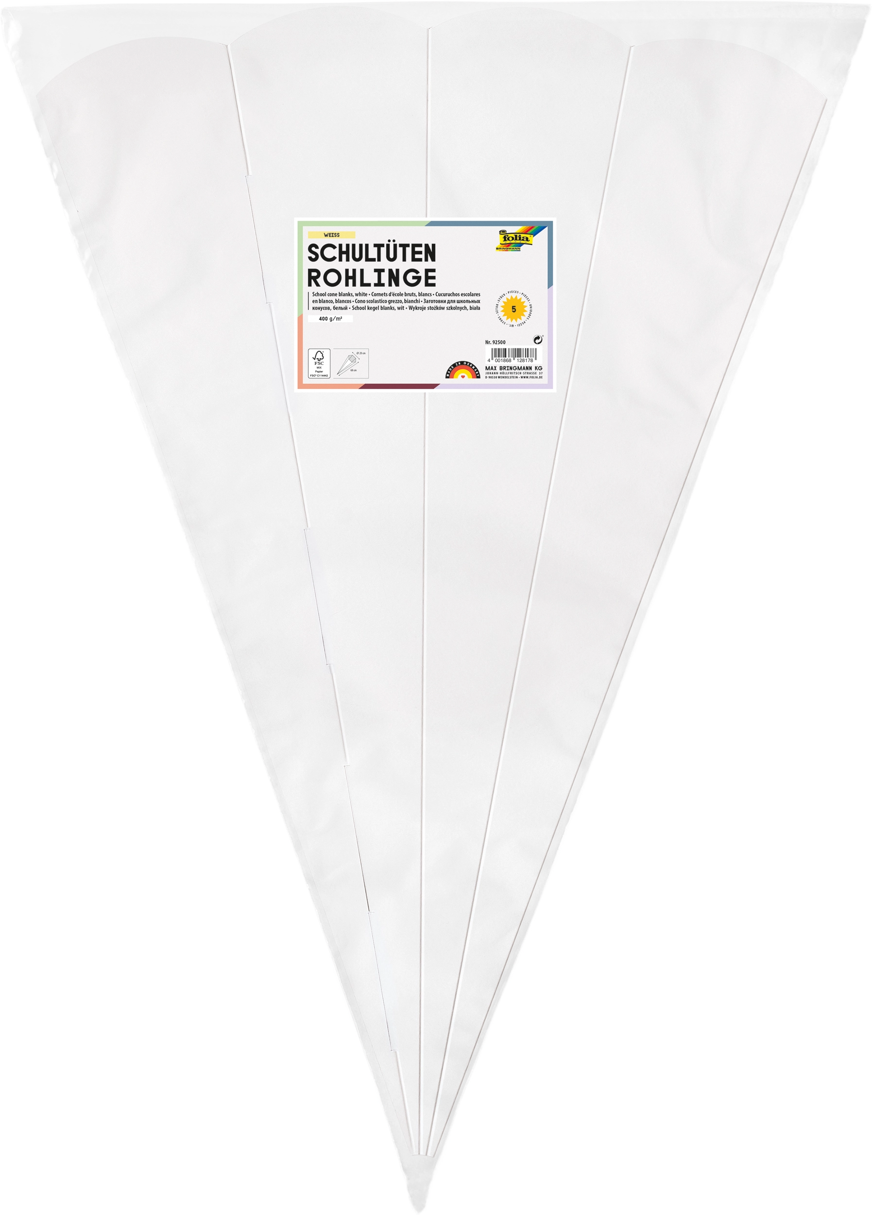 Schultüten-Rohlinge, Weiß, 400 g/m², 68 cm, 5 Stück