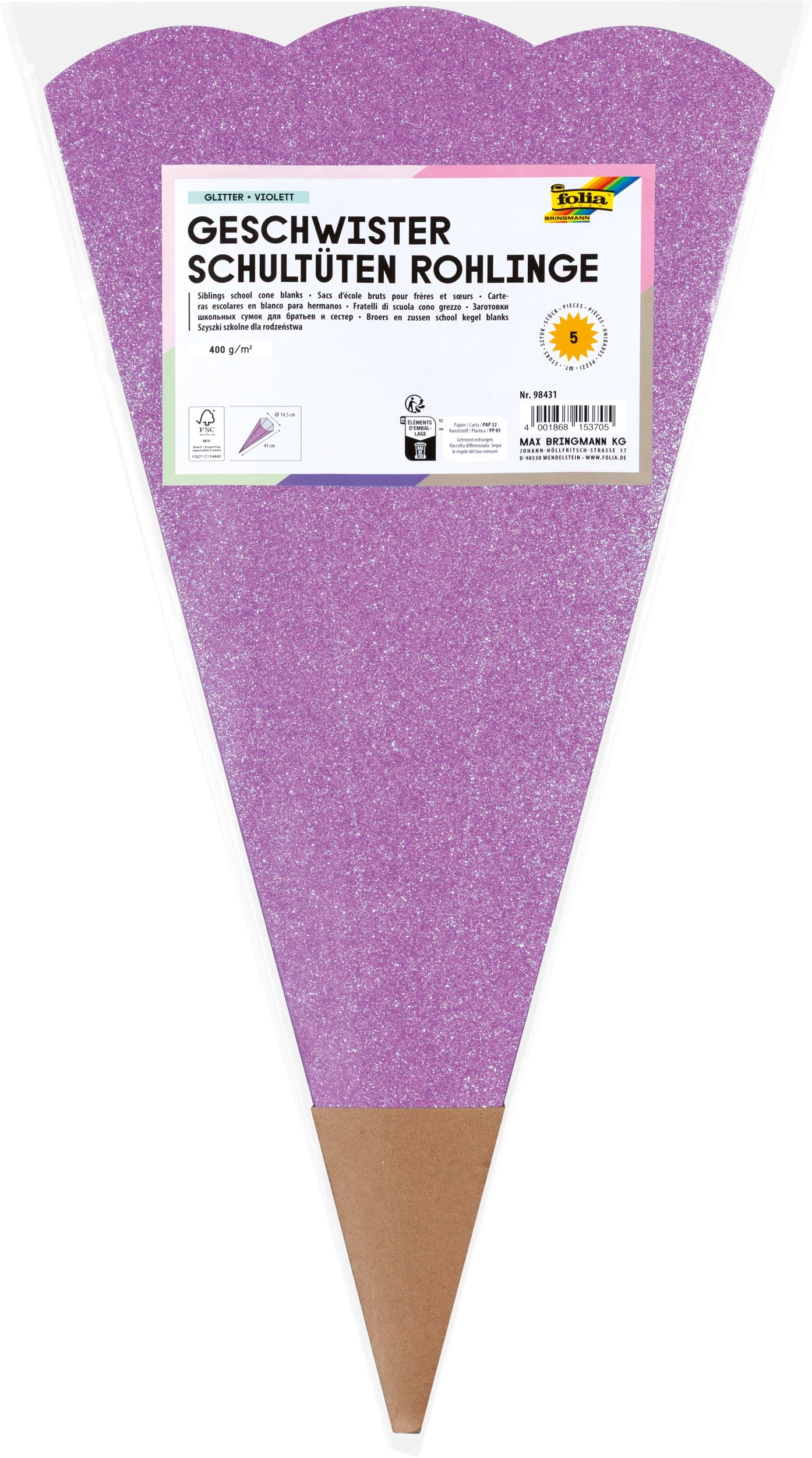 Geschwister Schultüten-Rohlinge, Glitter, Violet, 400 g/m², 1 Stück