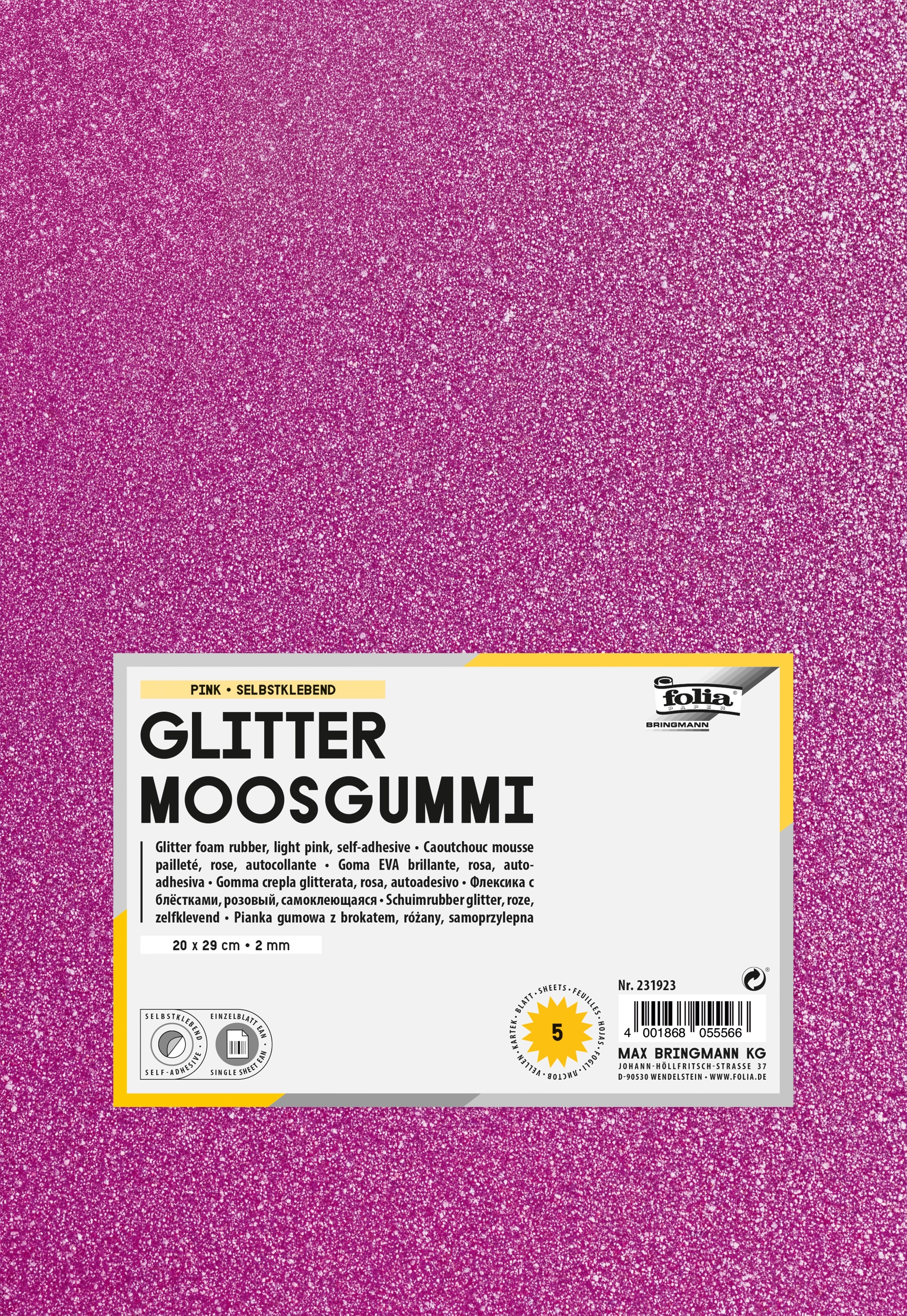 Glitter Moosgummi , Pink, selbstklebend, 20 x 29 cm, 5 Blatt