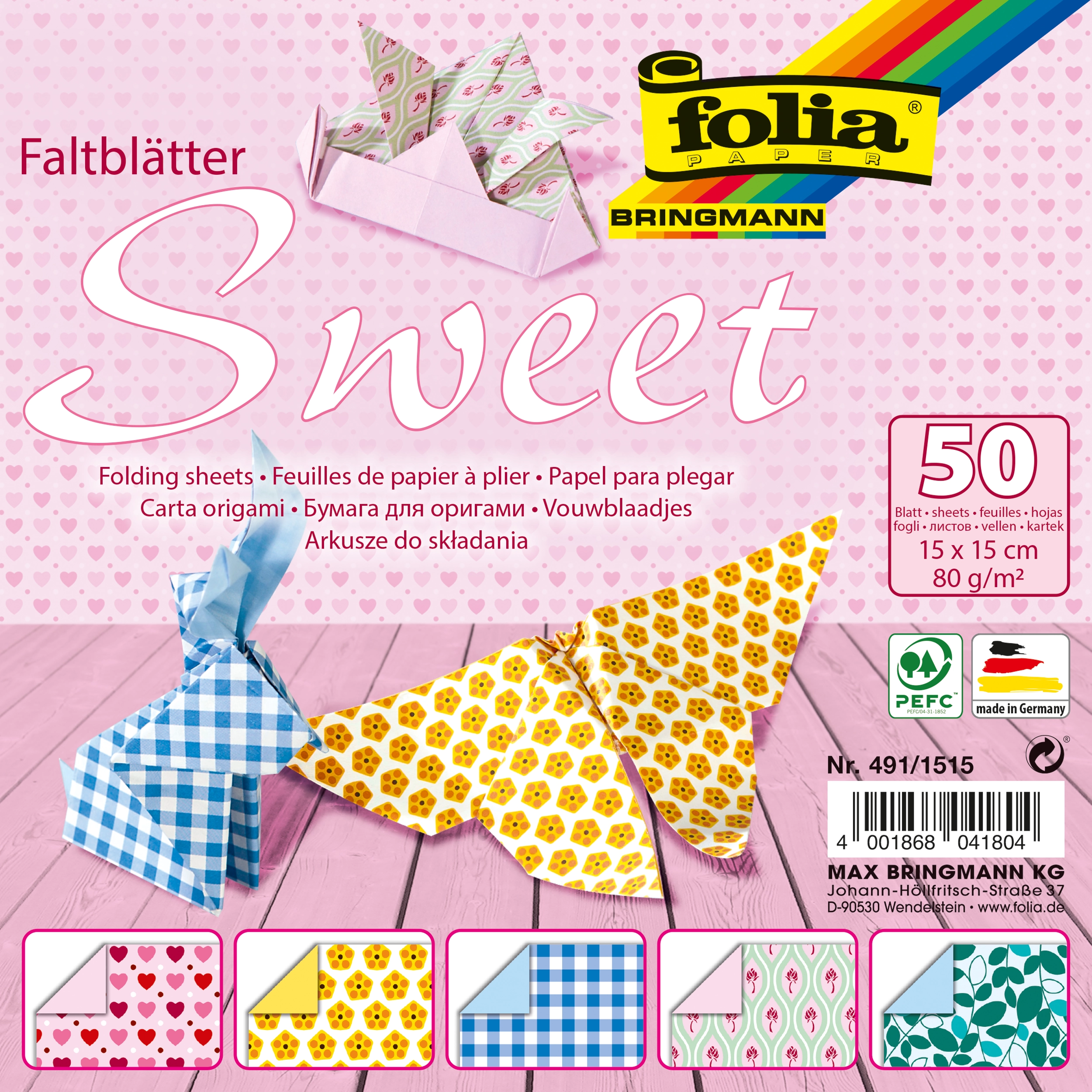 Origamipapier mit Motiv, Sweet, 15 x 15 cm, 80 g/m², 50 Blatt