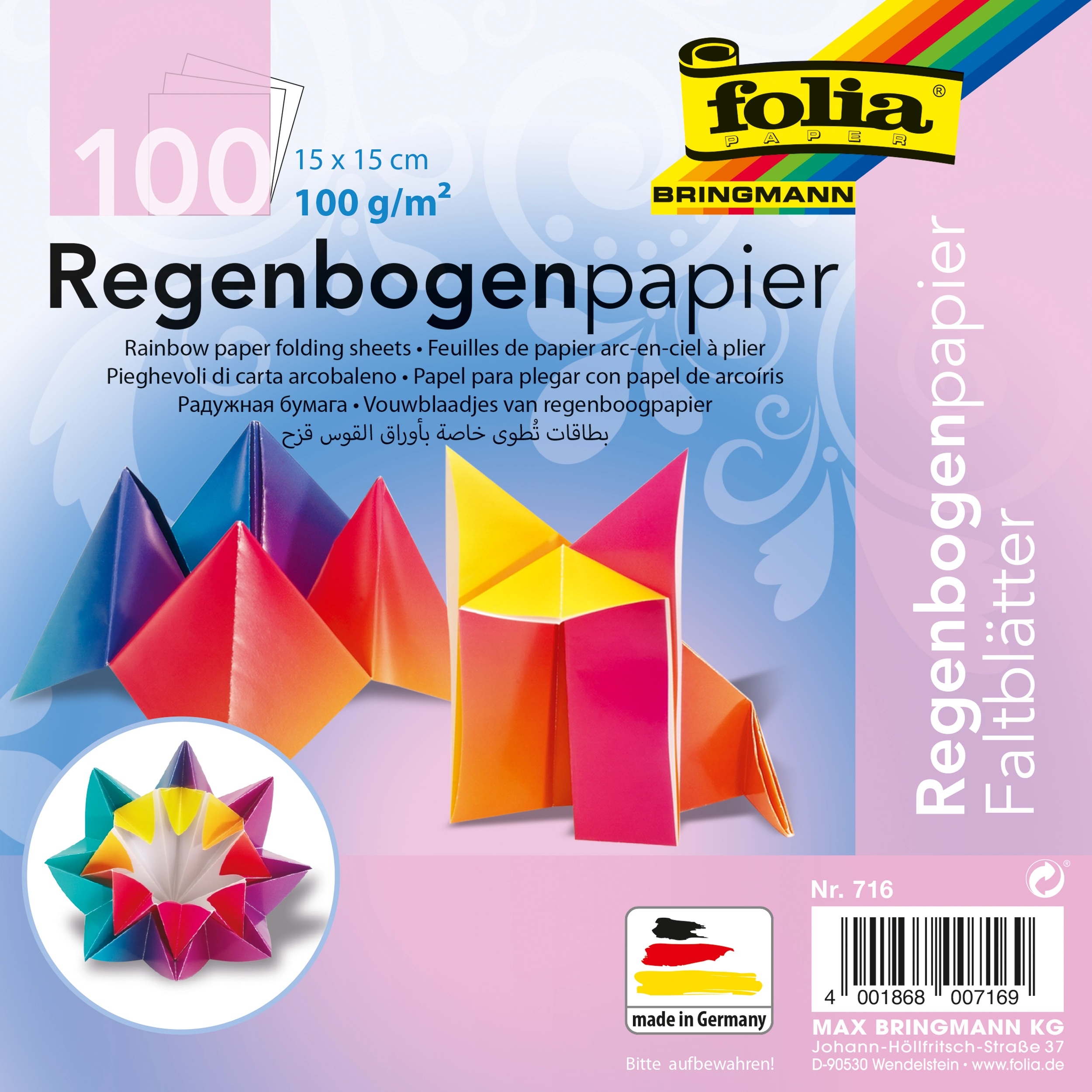 Origamipapier, Rainbow, 15 x 15 cm, 100 g/m², 100 Blatt