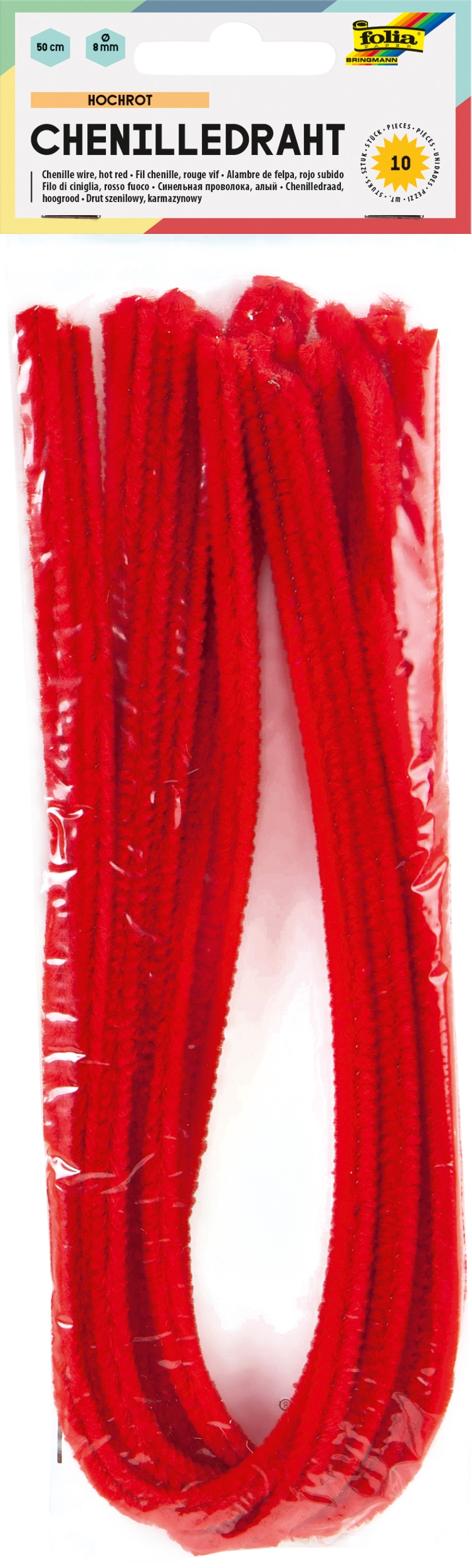 Chenille Wire, Hot Red, Ø 8 mm, 50 cm, 10 pieces