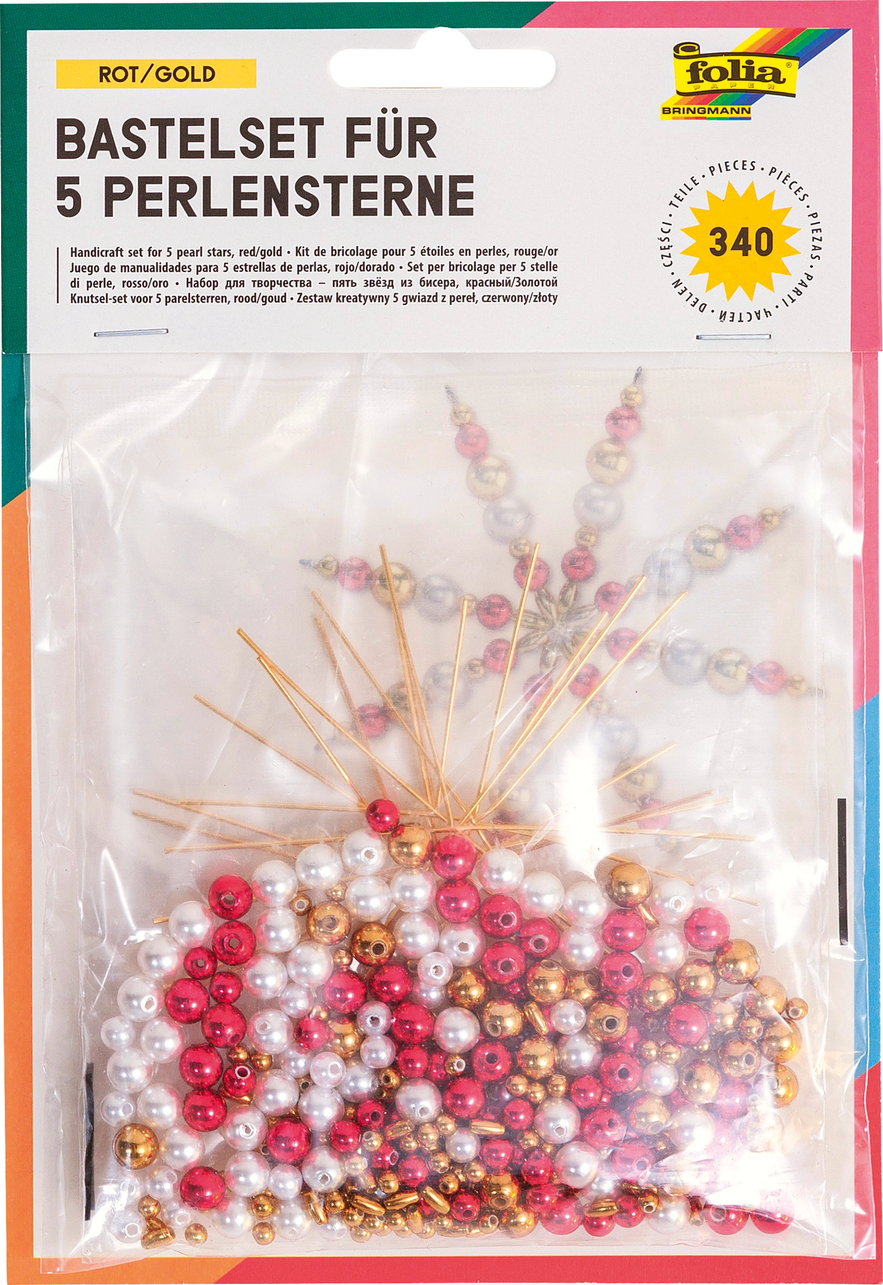 Bastelset für 5 Perlensterne, Rot & Gold, 340 Teile