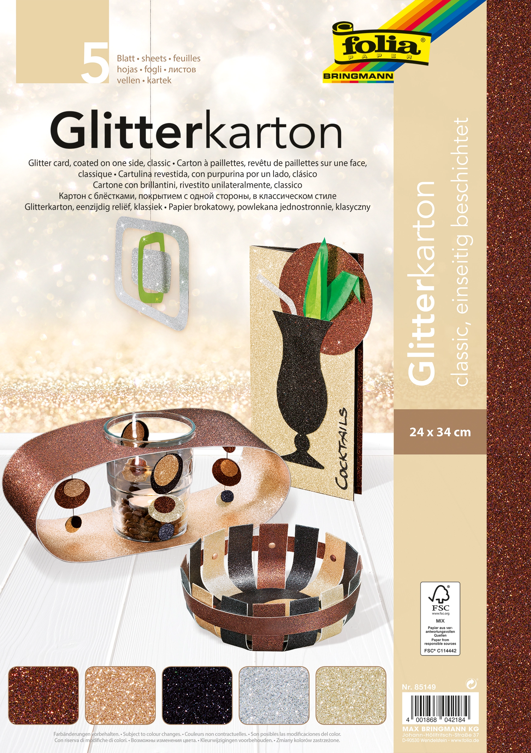 Glitter Cardboard, Classic, 24 x 34 cm, 300 g/m², 5 sheets