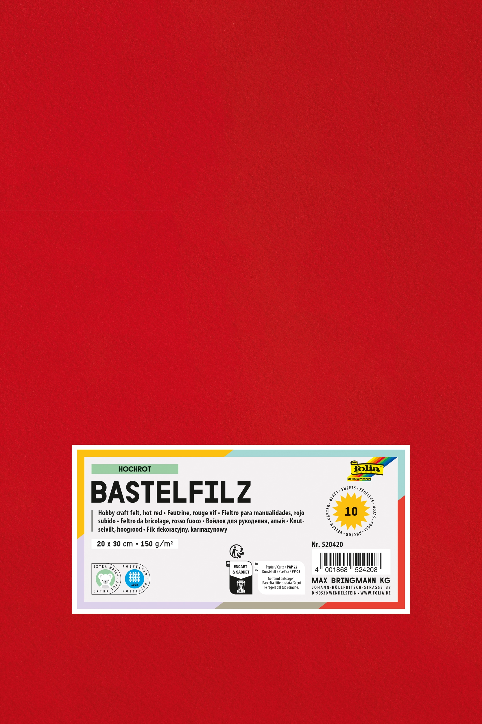 Bastelfilz, Hochrot, 20 x 30 cm, 150 g/m², 10 Blatt