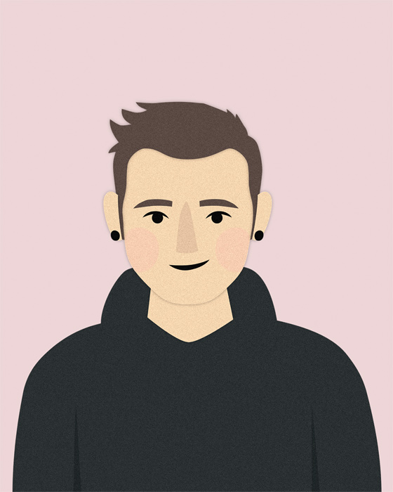 Illustration einer Person mit kurzen dunkelbraunen Haaren, schwarzen Ohrsteckern und dunklem Hoodie vor einem hellrosafarbenen Hintergrund.