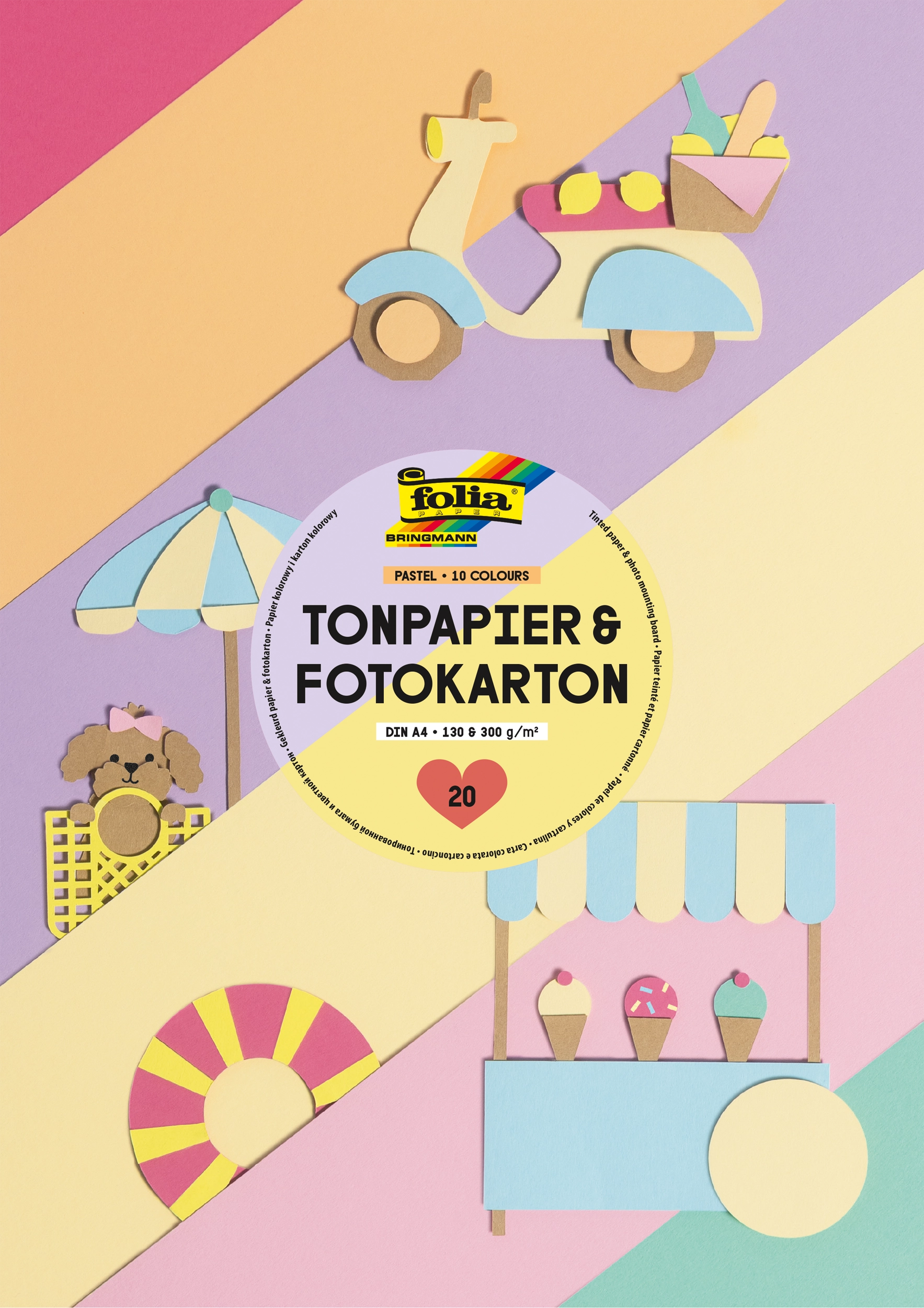 Tonpapier & Fotokarton, Pastell, 10 Farben, DIN A4, 130 & 300 g/m², 20 Bogen