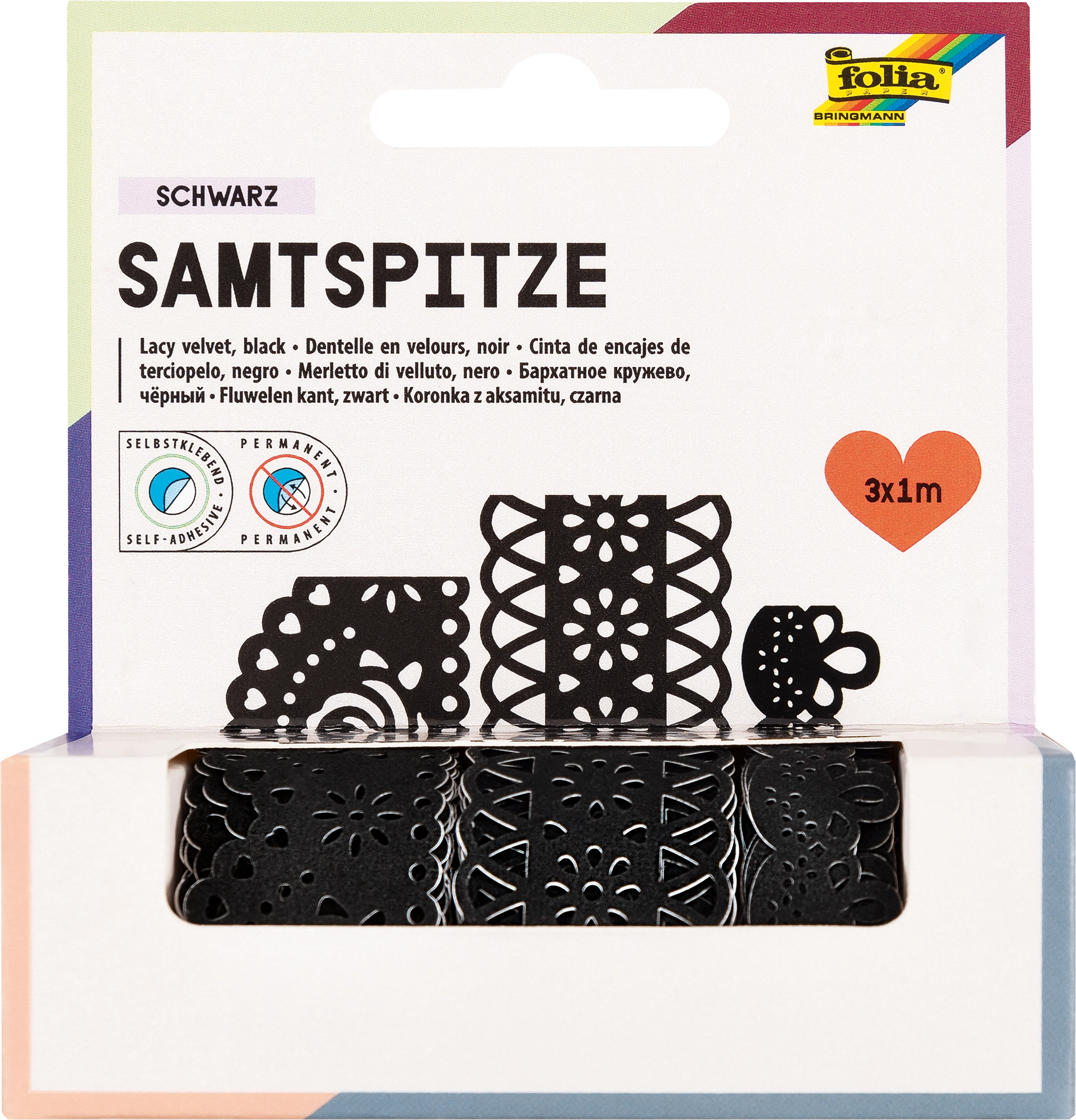 Samtspitze, Schwarz, 3x 1 m, 3 Rollen