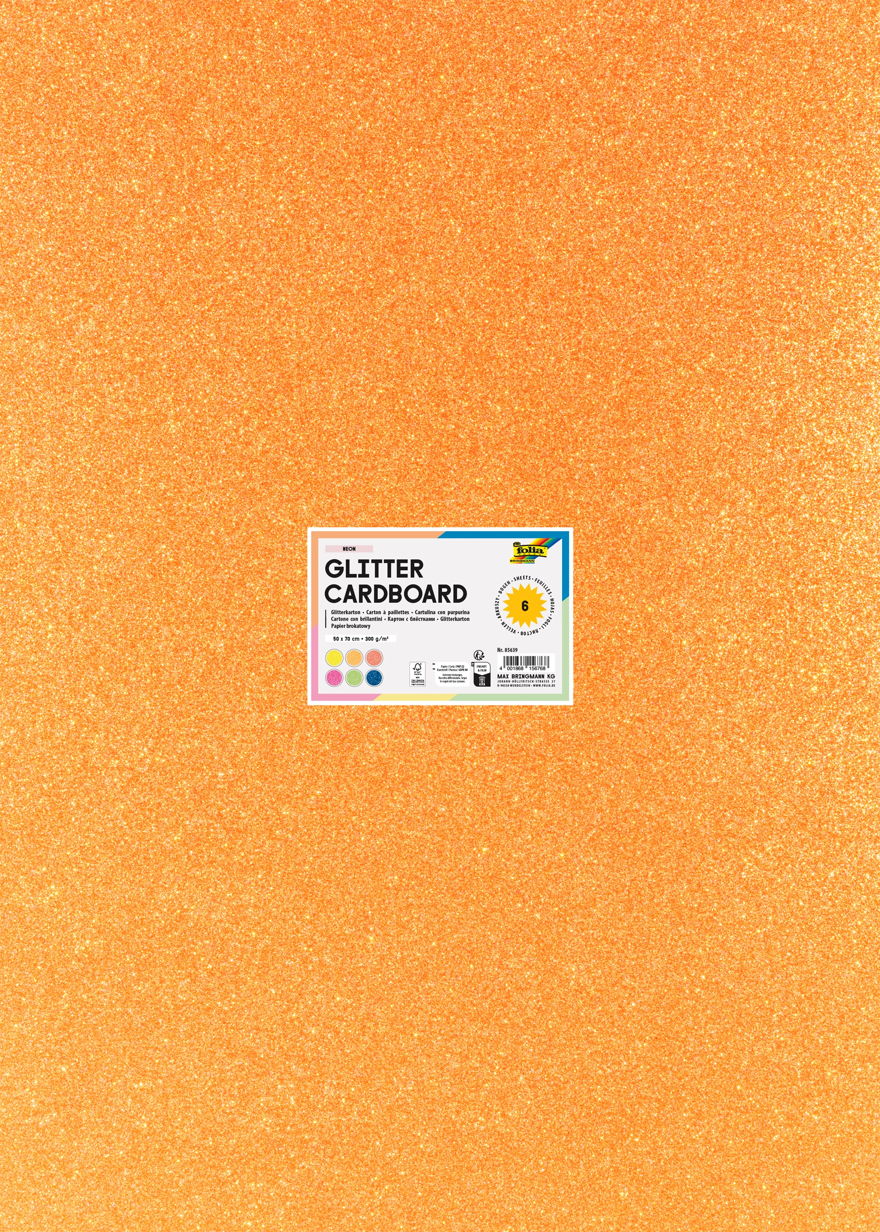 Glitter Cardboard, Neon, 50 x 70 cm, 300 g/m², 6 sheets