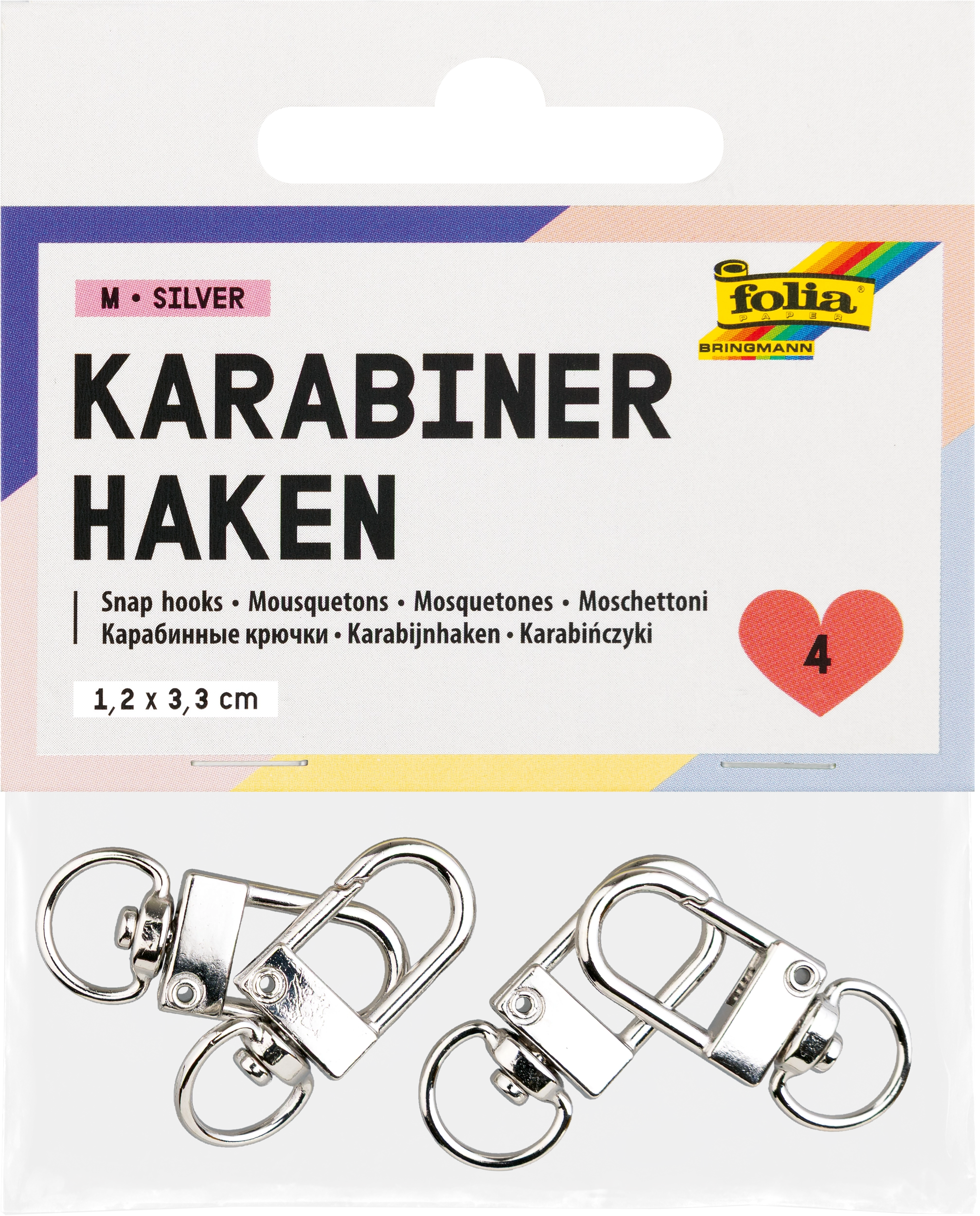 Karabinerhaken, M, Silver, 4 Stück