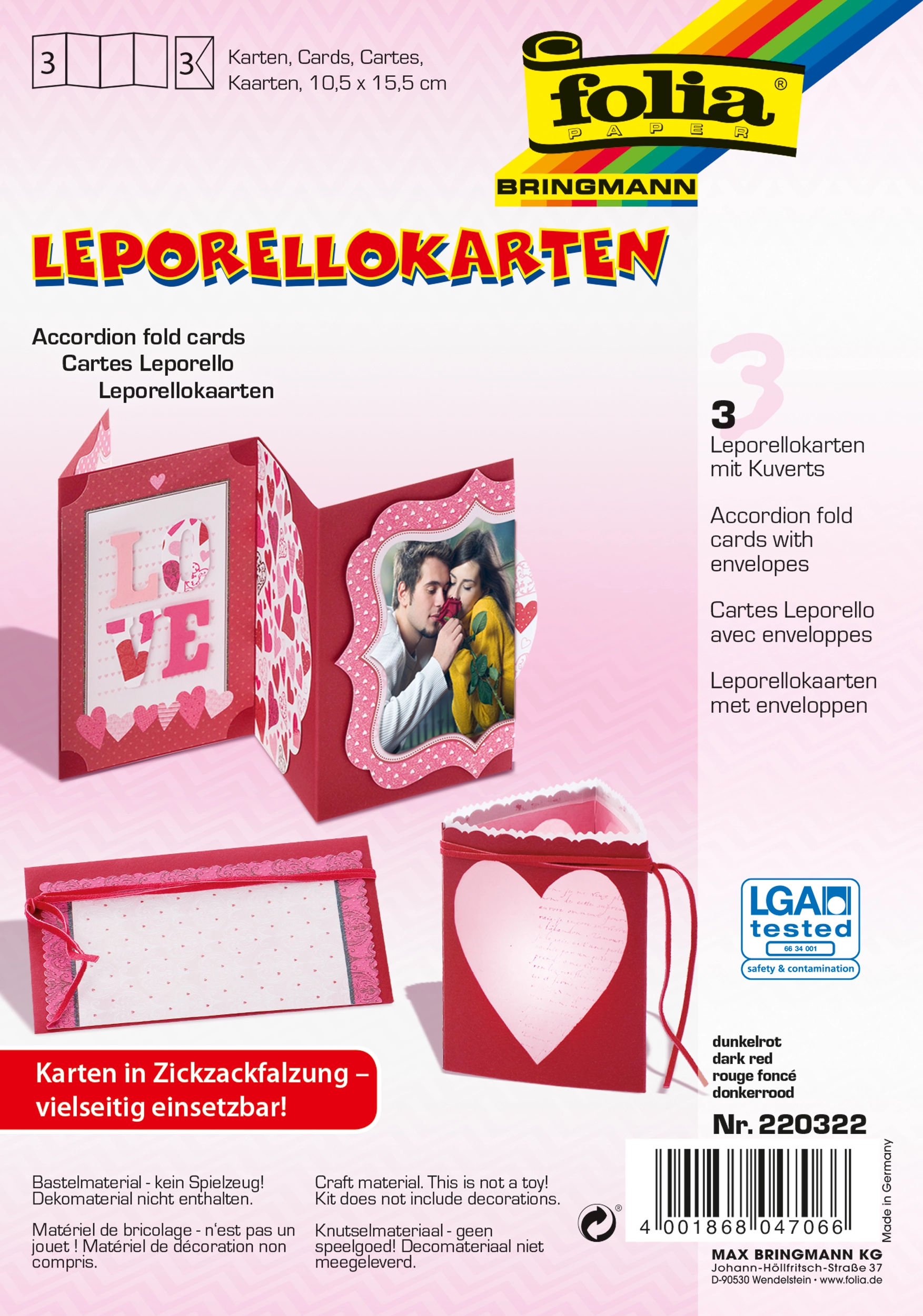 Accordion Fold Cards, Dark Red, 10,5 x 15,0 cm, 130 g/m², 300 g/m² , 3 pieces