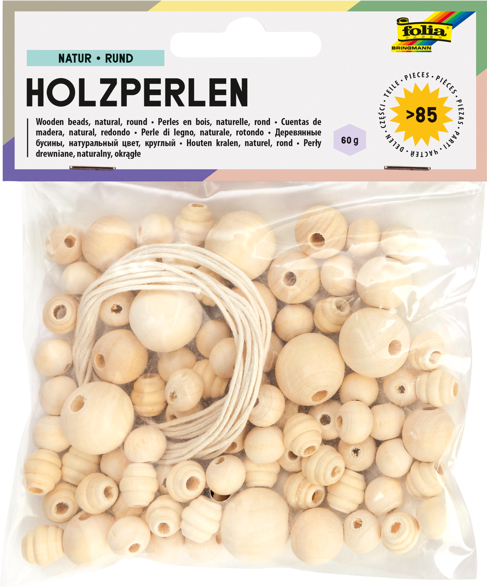Holzperlen, Natur, Rund, Ø 10 mm, Ø 12 mm, Ø 14 mm, Ø 18 mm, 85 Teile