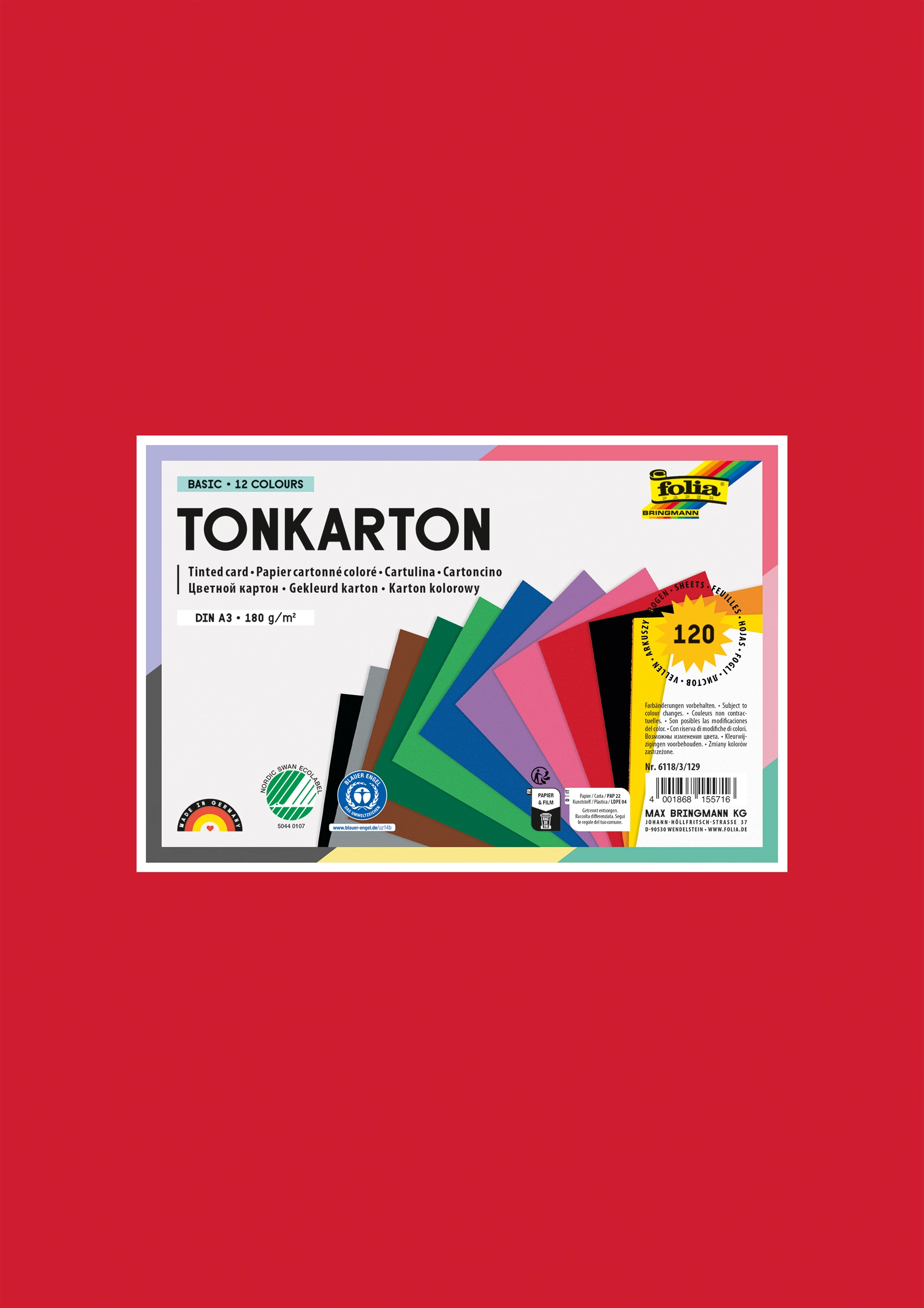 Tinted Card, 12 Colours Assorted, DIN A3, 180 g/m²