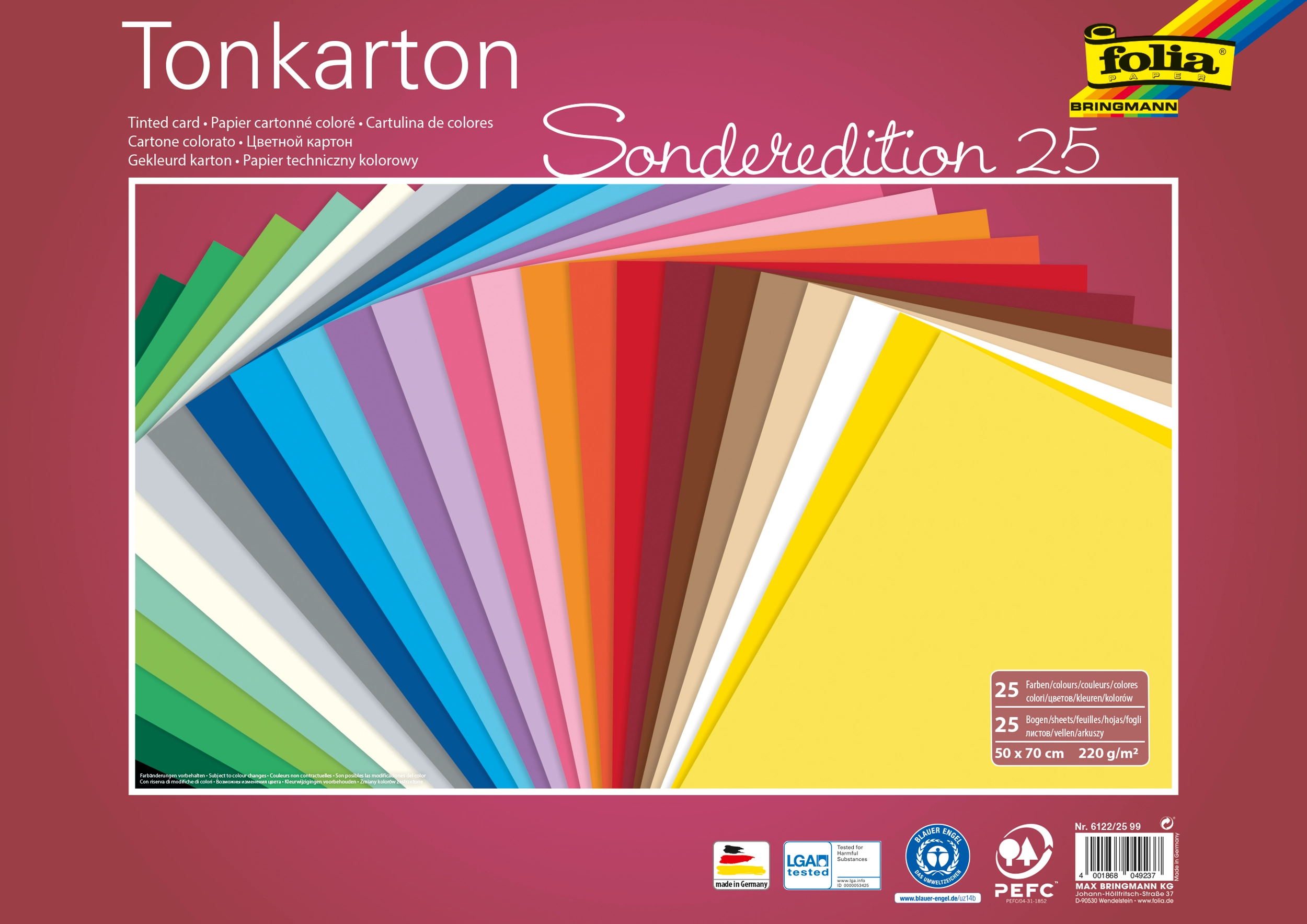 Tonkarton Sonderedition, Basic, 25 Farben, 50 x 70 cm, 220 g/m², 25 Blatt