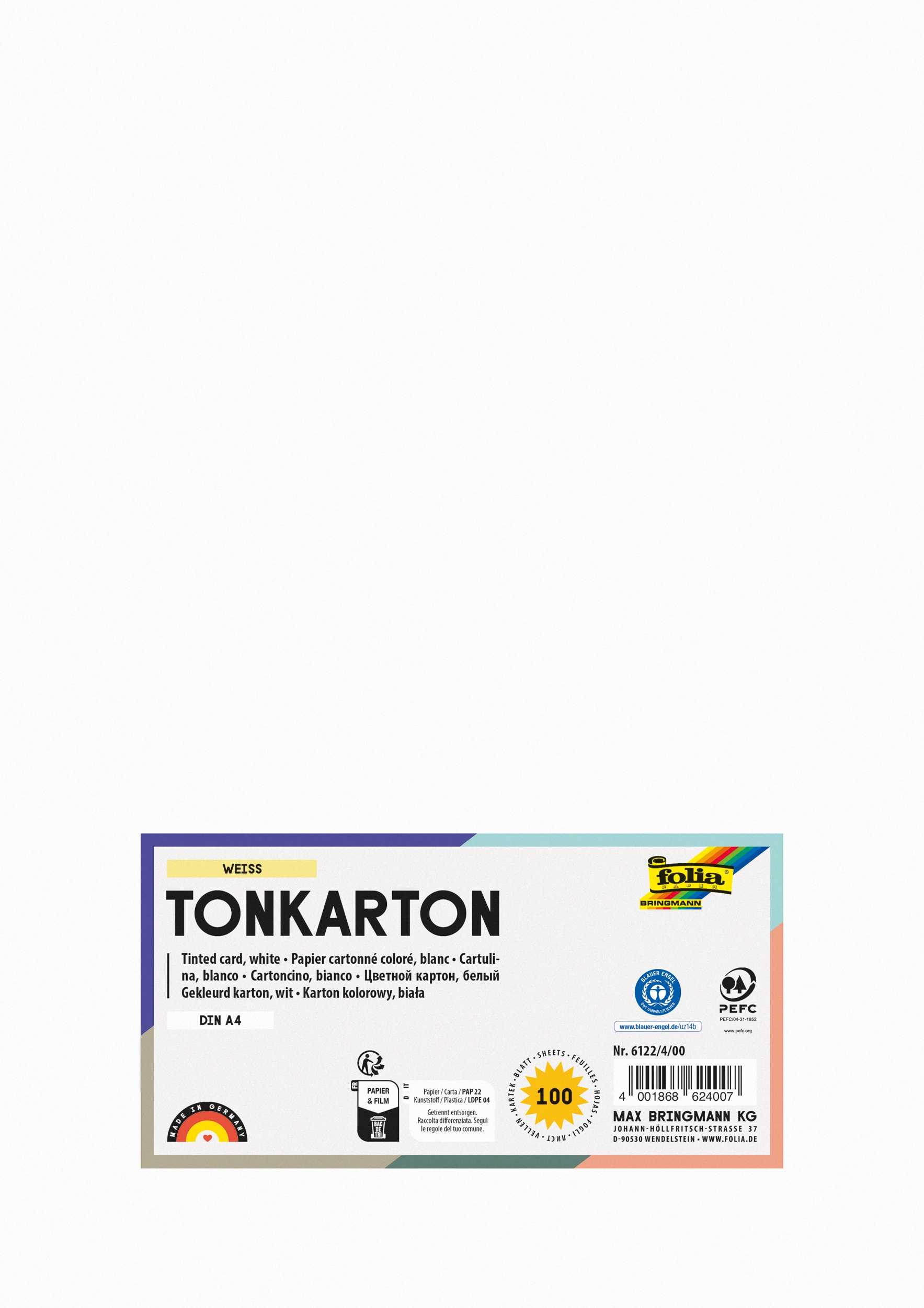Tonkarton, Weiß, DIN A4, 220g/m², 100 Blatt