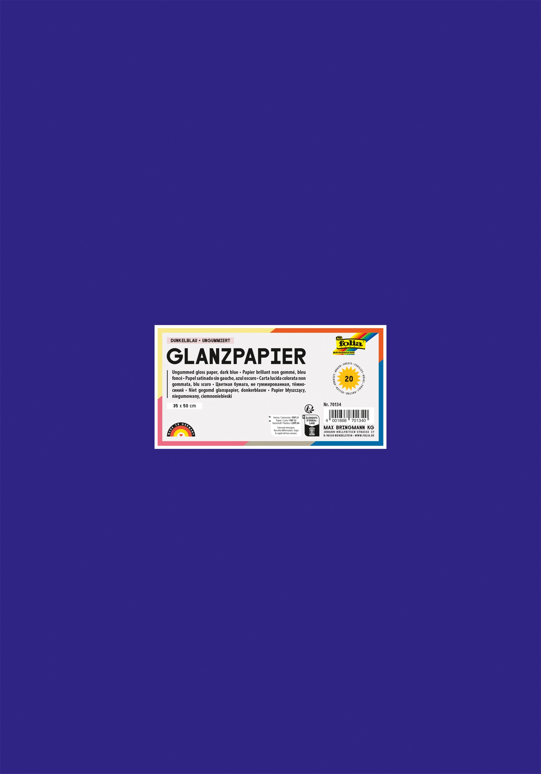Glanzpapier, Dunkelblau, Ungummiert, 35 x 50 cm, 80 g/m², 20 Blatt