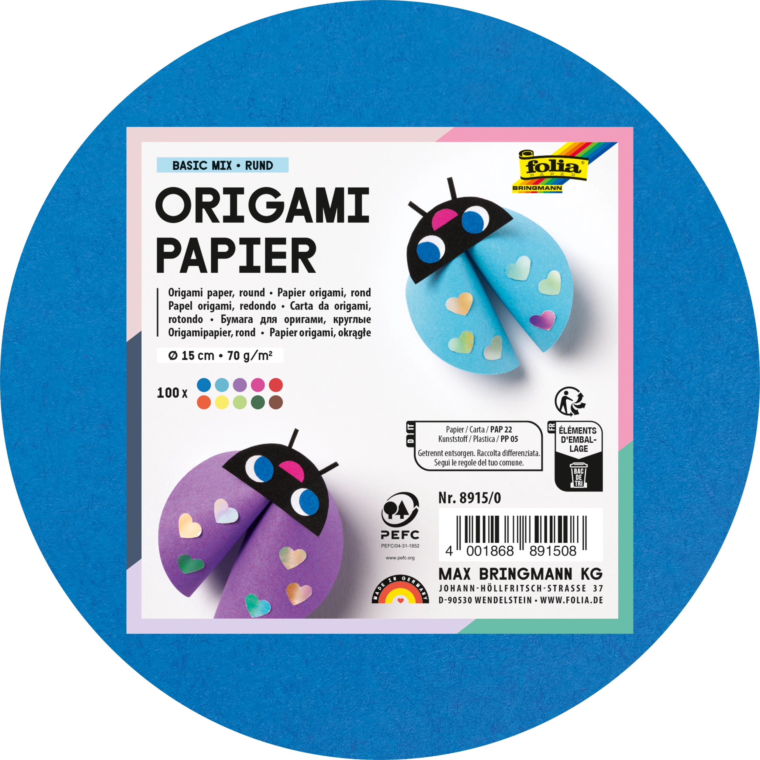 Origamipapier, Basic Mix, rund, 70 g/m², 100 Blatt