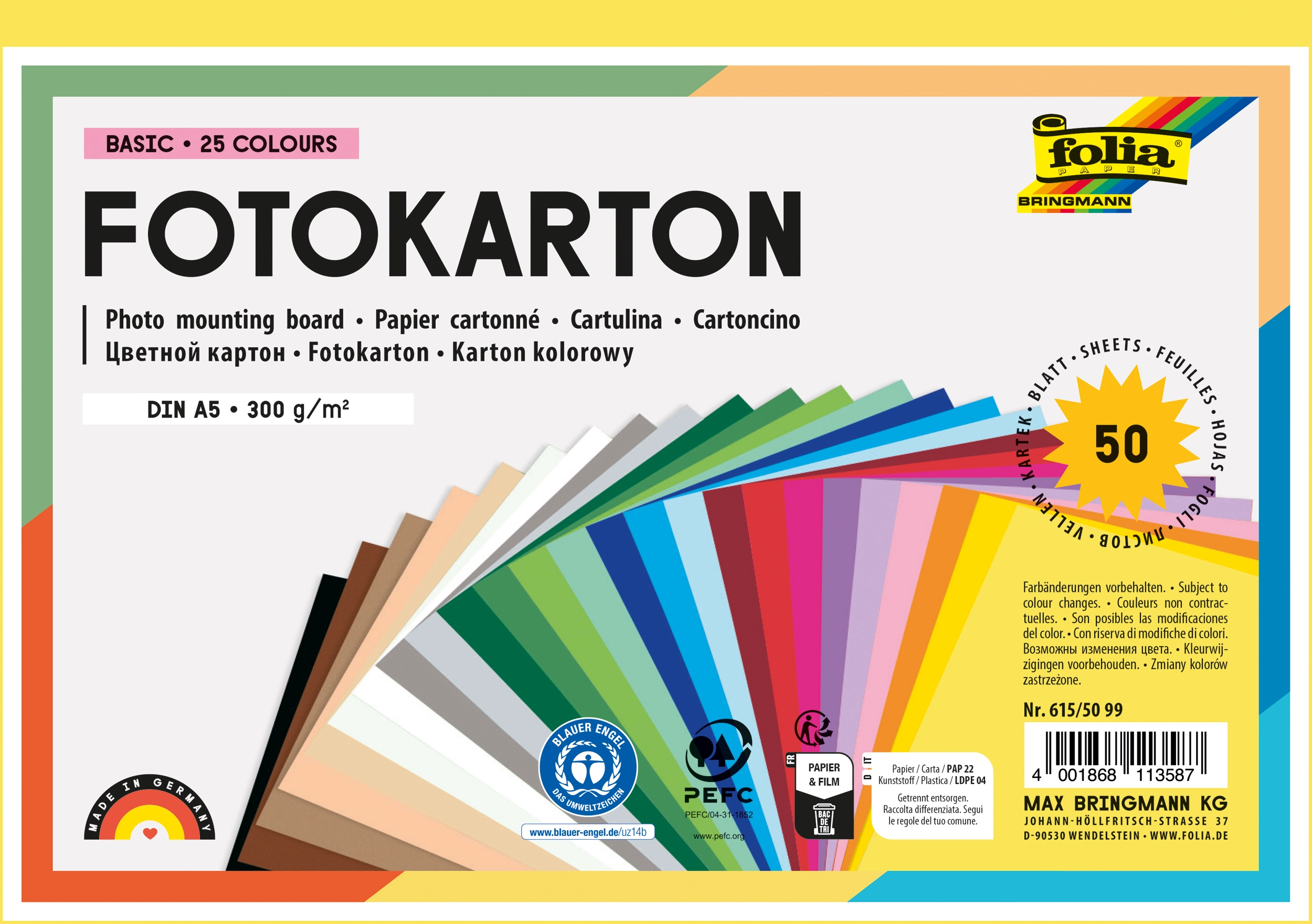 Photo Mounting Board, Basic, 25 Colours, DIN A5, 300 g/m², 100 sheets