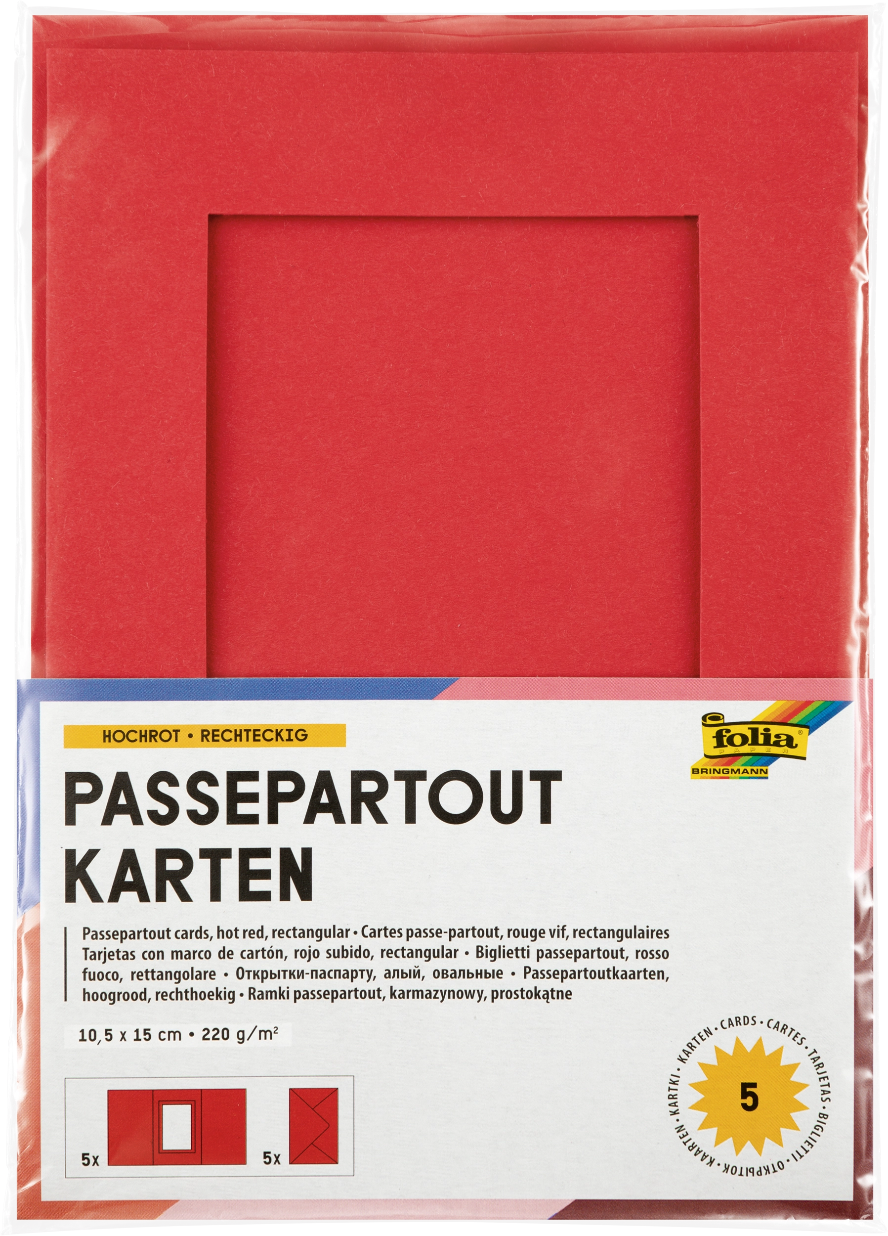Passepartoutkarten, Hochrot, Rechteckig, 10,5 x 15,0 cm, 130 g/m², 220 g/m² , 5 Stück