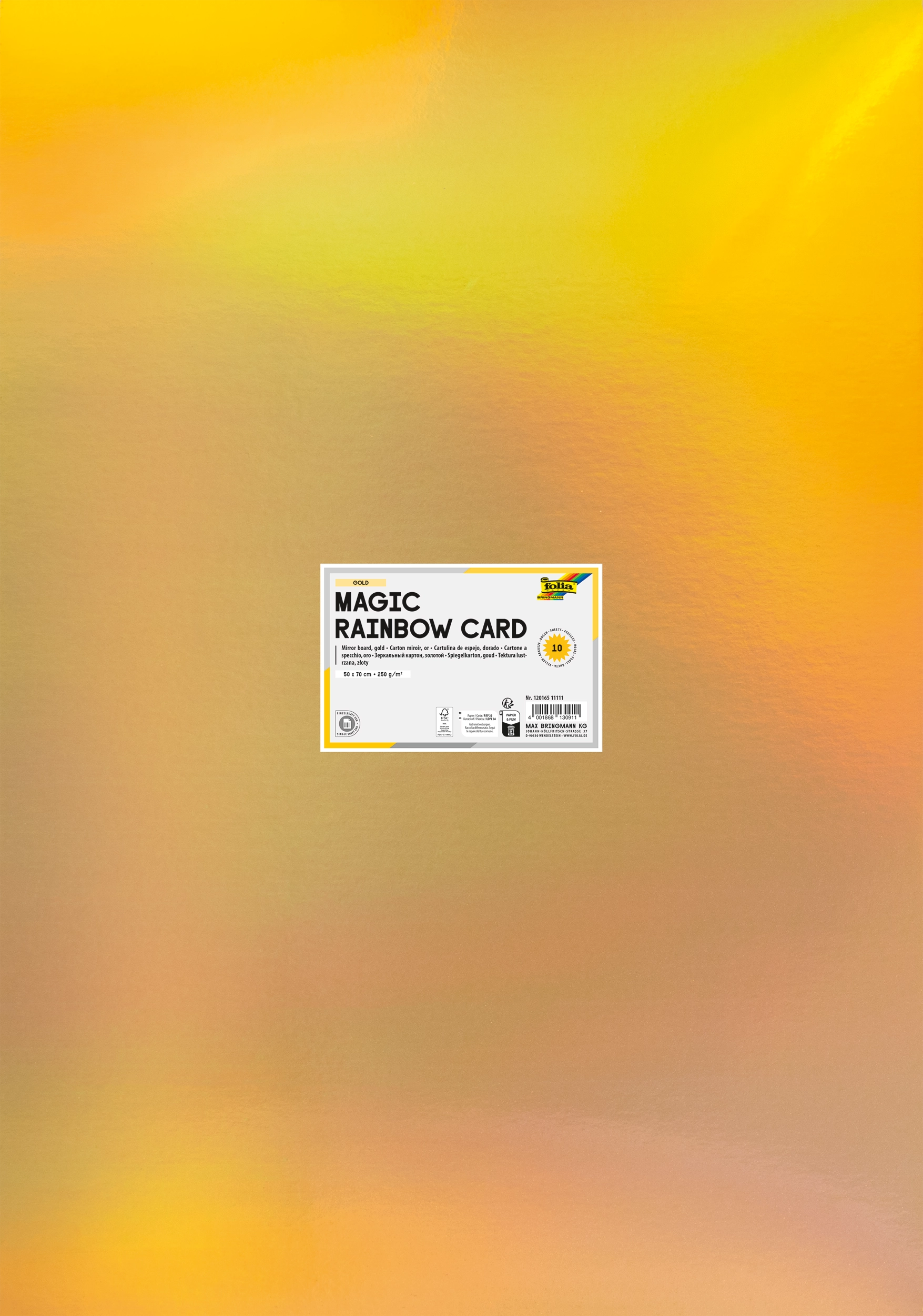 Magic Rainbow Card, Gold, Iridescent, 50 x 70 cm, 250 g/m², 10 sheets, with individual EAN