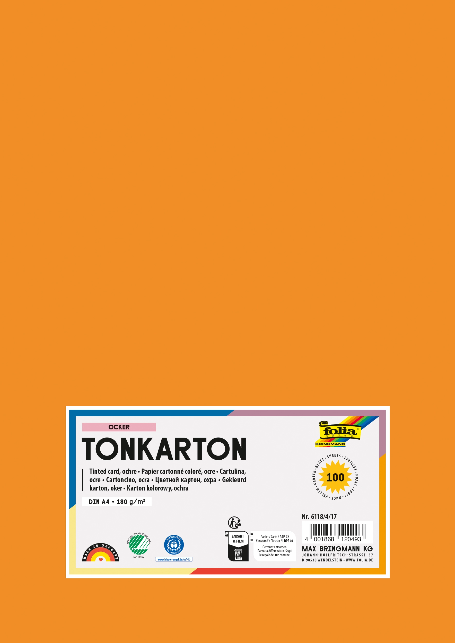 Tonkarton, Ocker, DIN A4, 180g/m², 100 Blatt