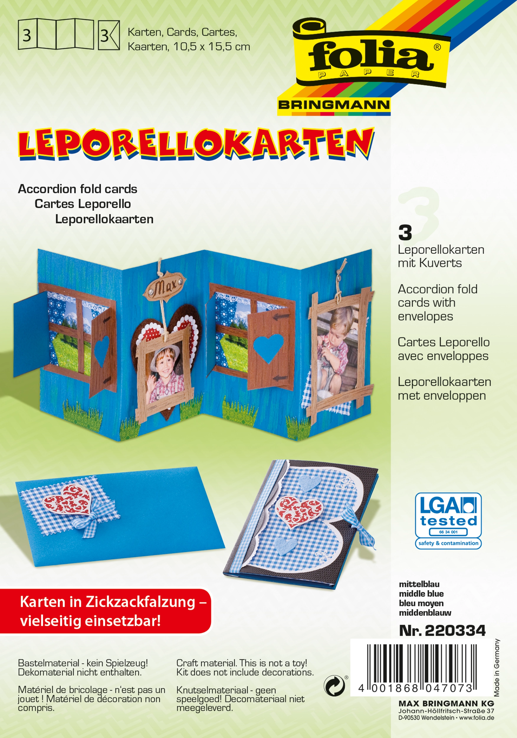 Accordion Fold Cards, Middle Blue, 10,5 x 15,0 cm, 130 g/m², 300 g/m² , 3 pieces
