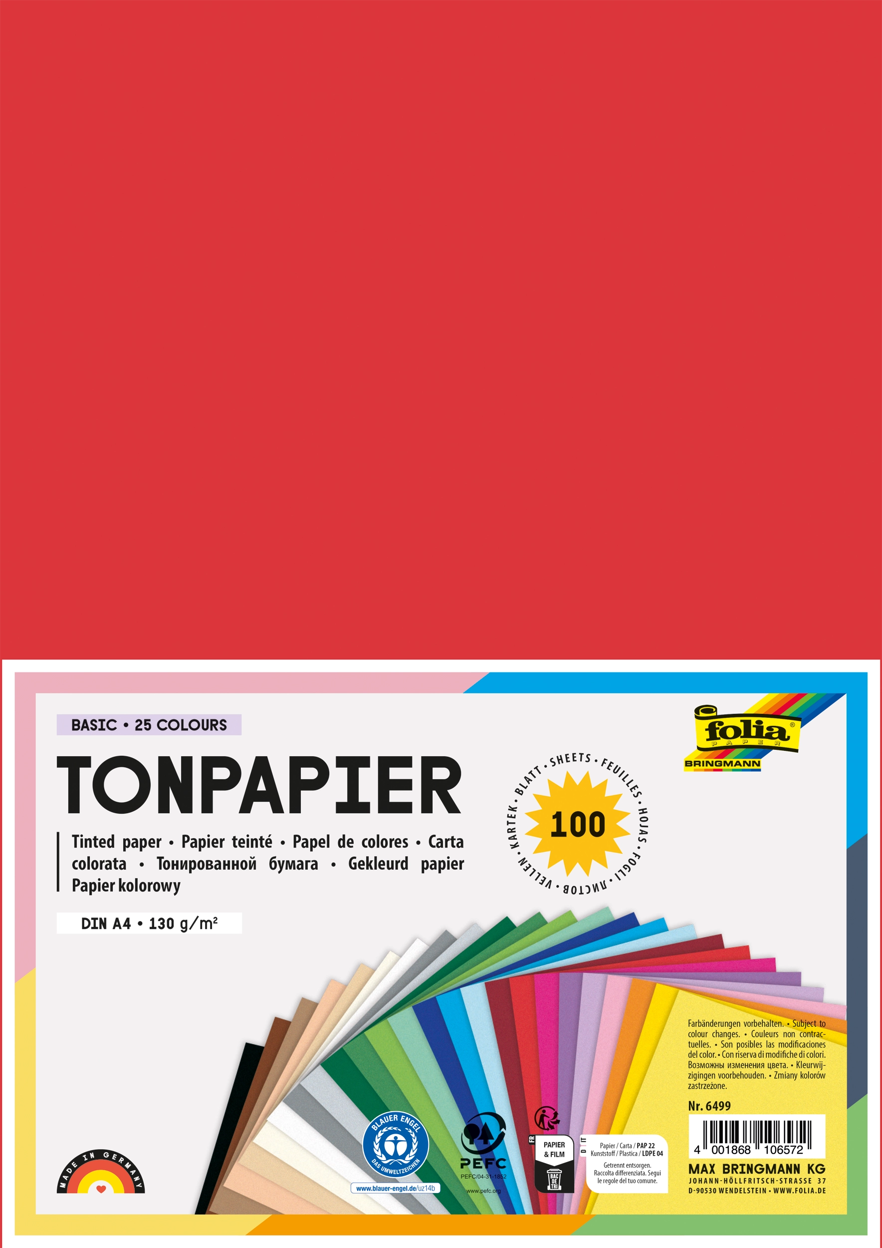 Tonpapier, Basic, 25 Farben, DIN A4, 130 g/m², 100 Blatt