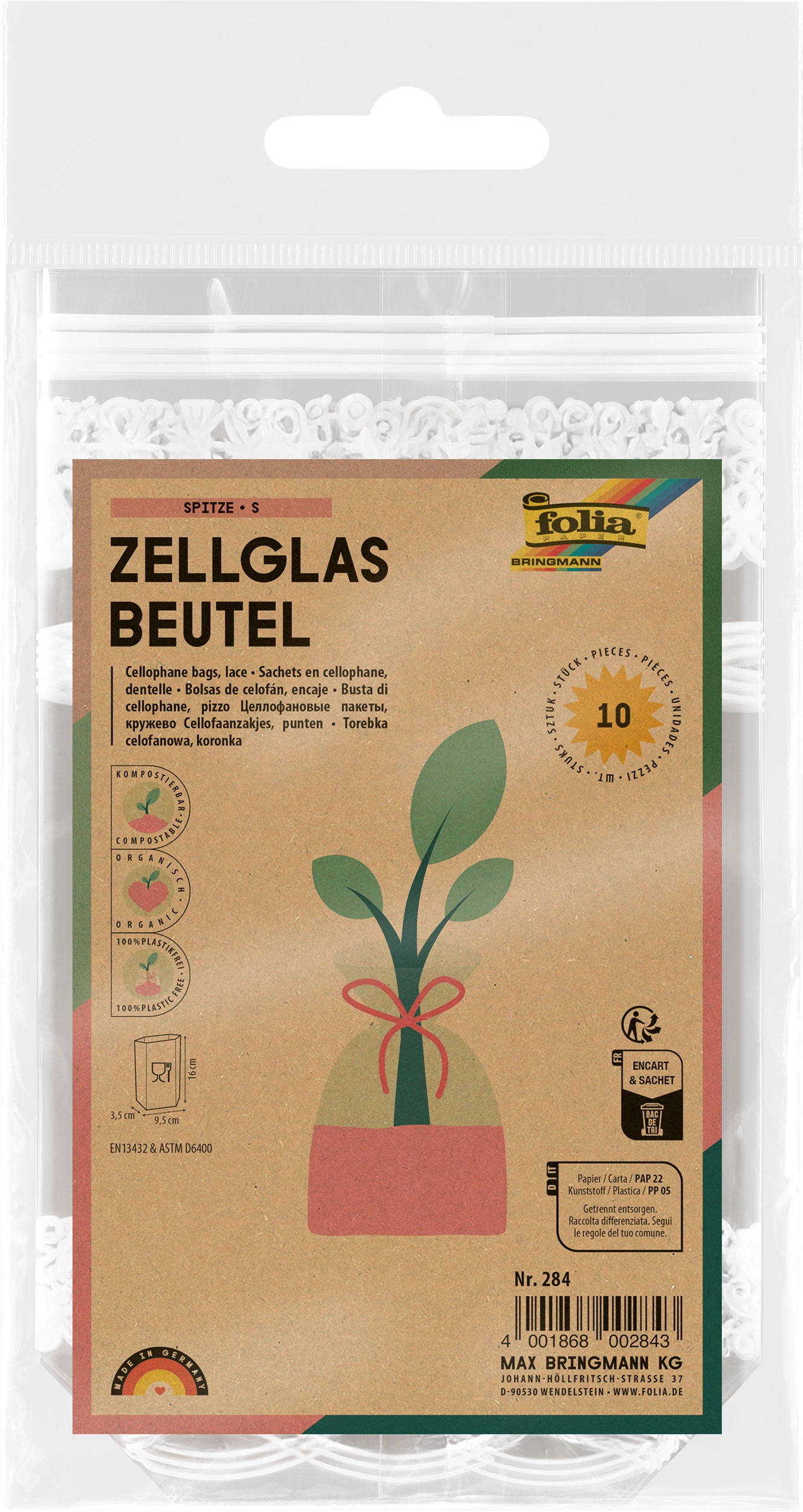 Zellglasbeutel, Spitze, S, 9,5 x 16,0 cm, 10 Stück