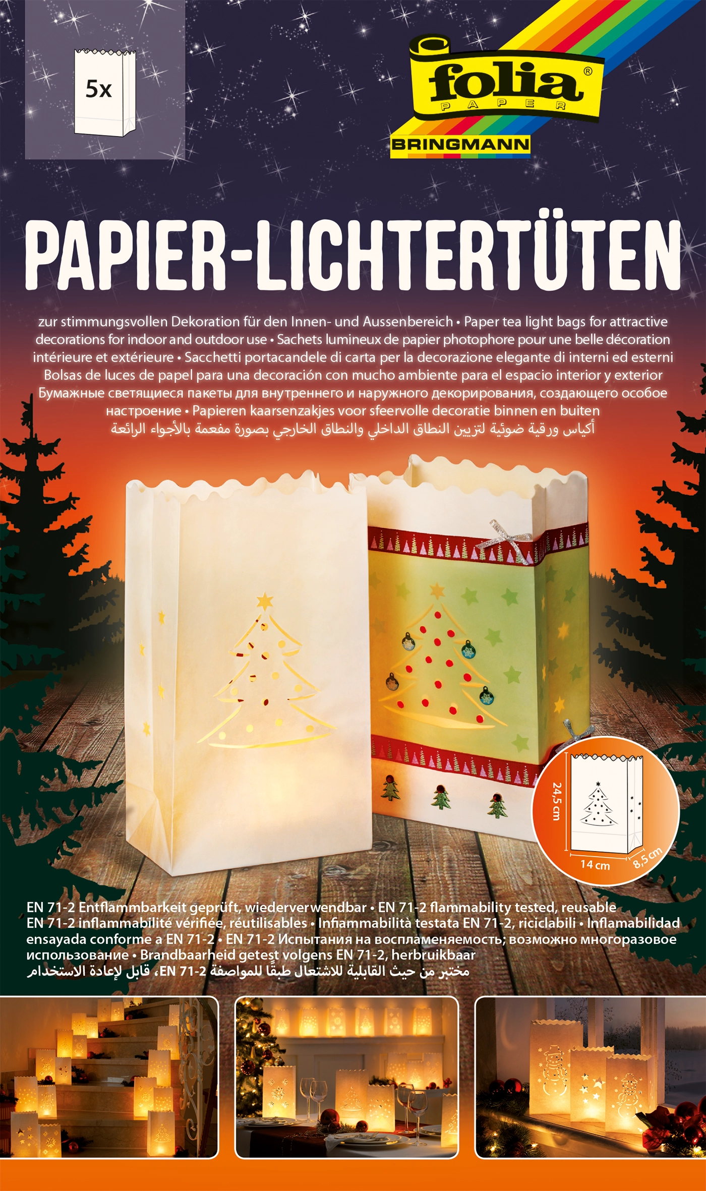 Papier Lichttüten Sets, Weihnachtsbaum, 24,5 x 14,0 cm, 5 Stück