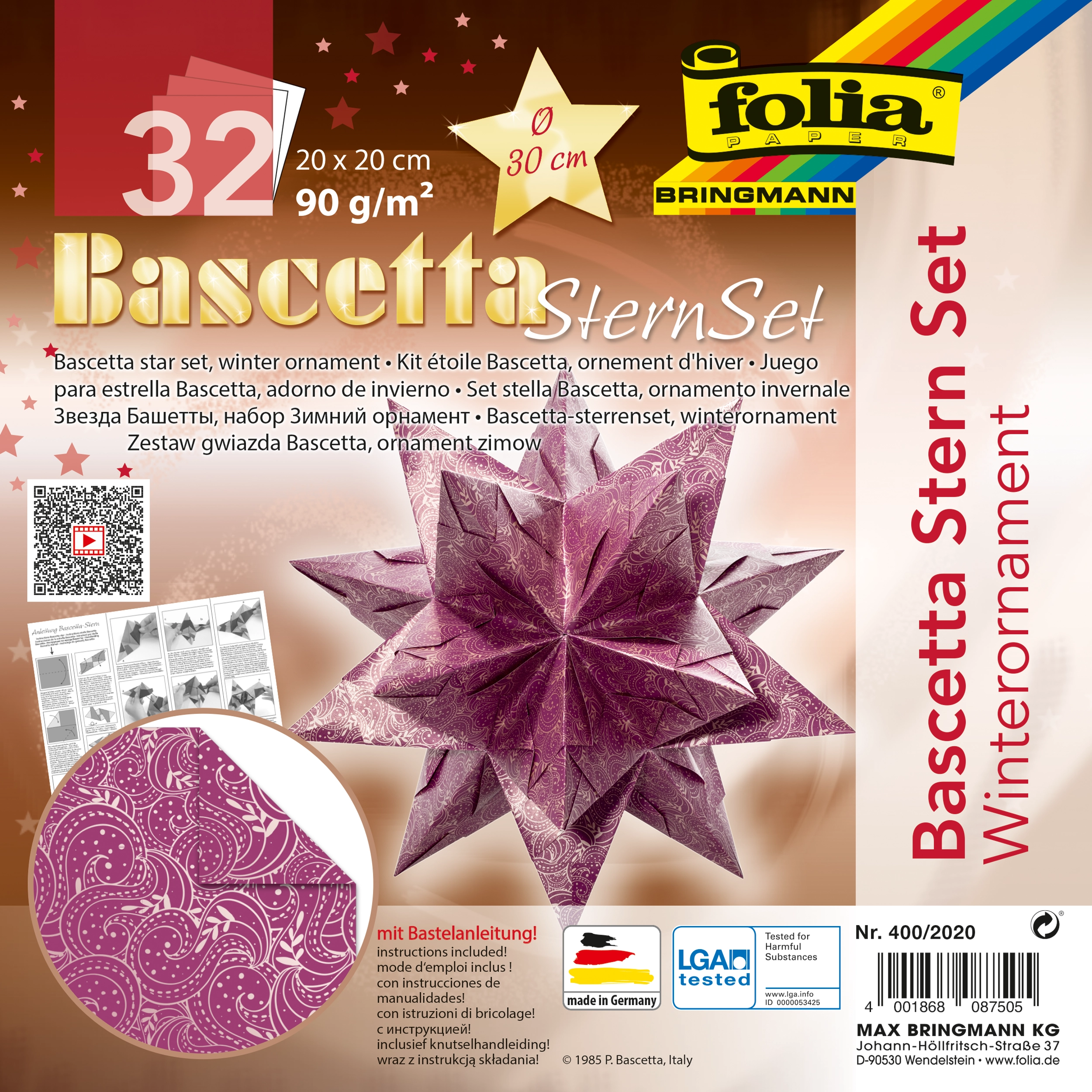 Bascetta Stern, Romantik, Lila & Silber, 20 x 20 cm, 90 g/m², Ø 30 cm, 1 Stern