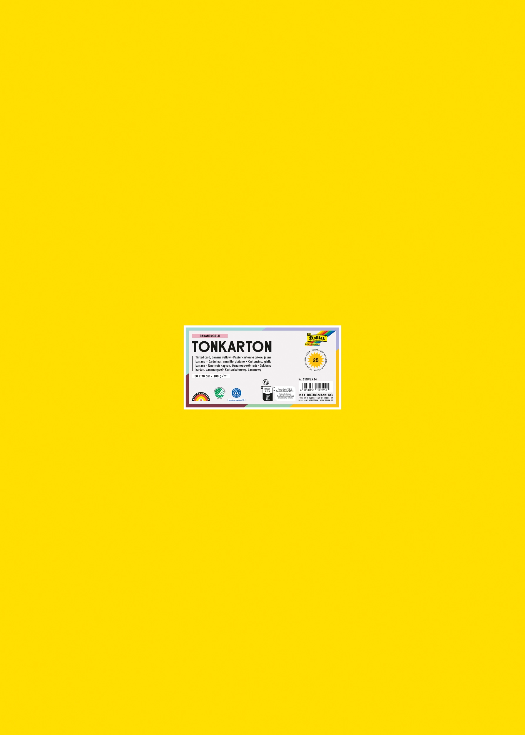 Tonkarton, Bananengelb, 50 x 70 cm, 180g/m², 25 Blatt